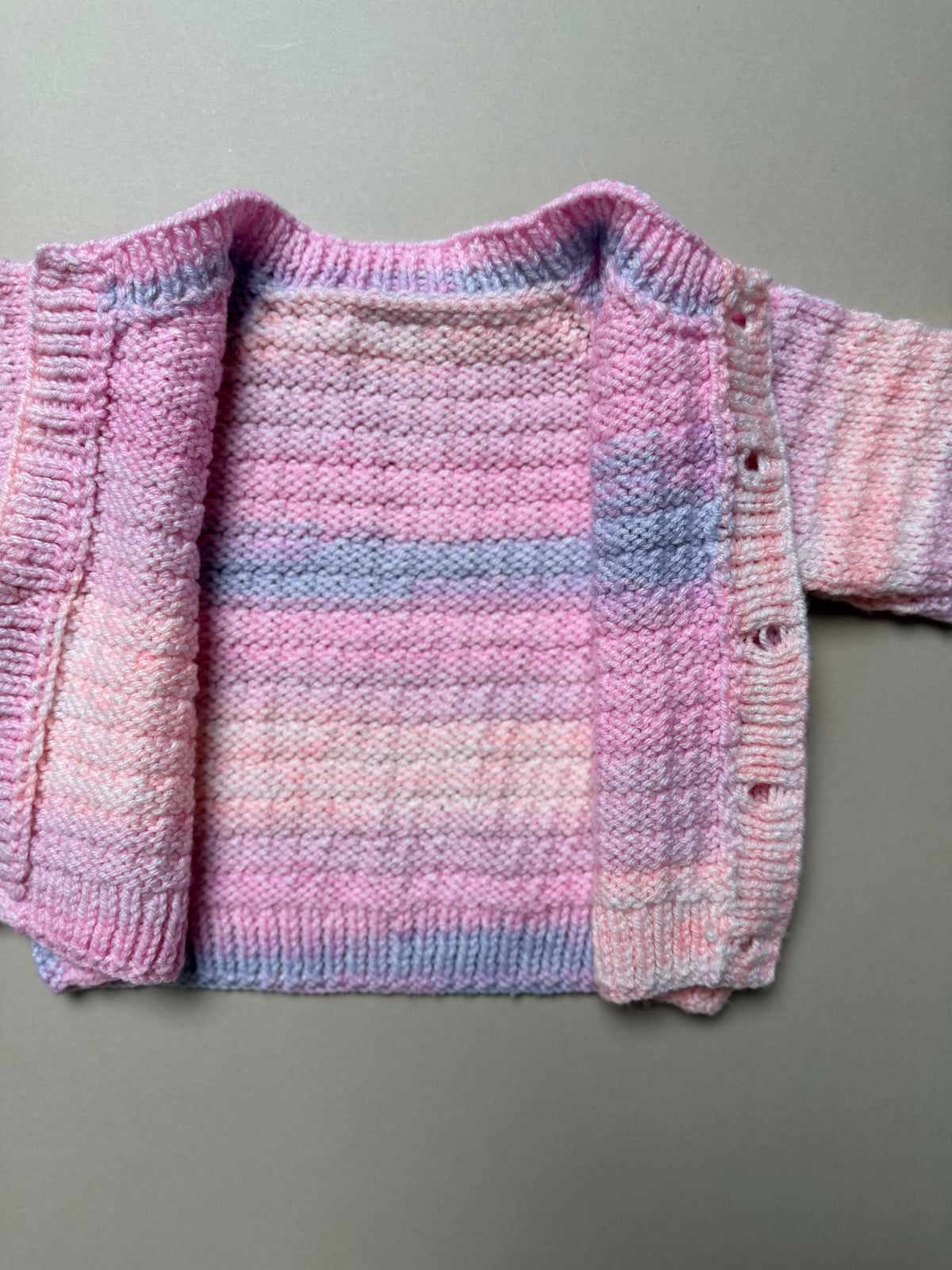 Handknitted Acrylic Ombré Purple Pink Lilac Cardigan With Floral Buttons Best Fit 6-9 Months