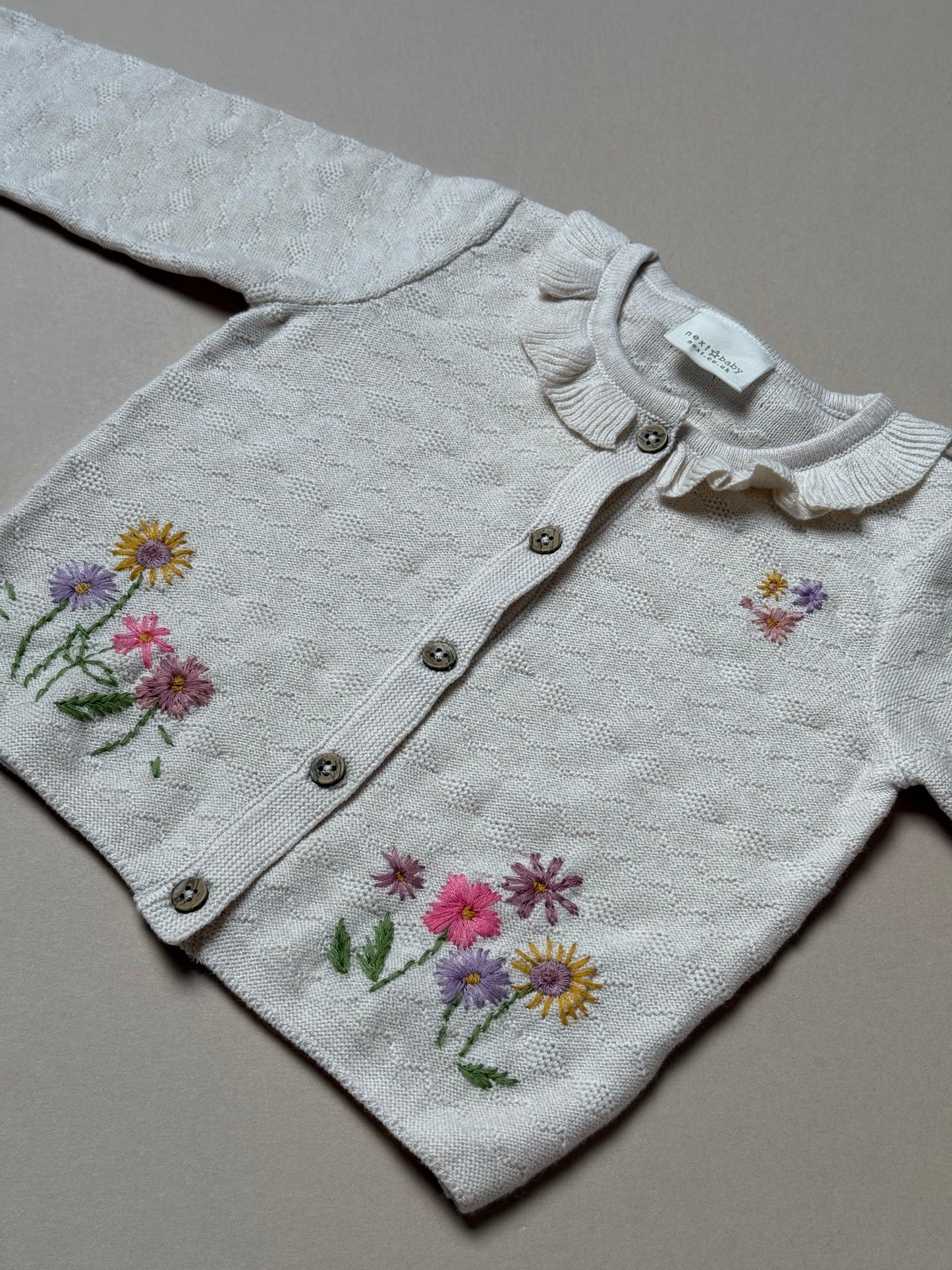 Next Cream Floral Embroidered Knitted Cardigan in 6-9 Months