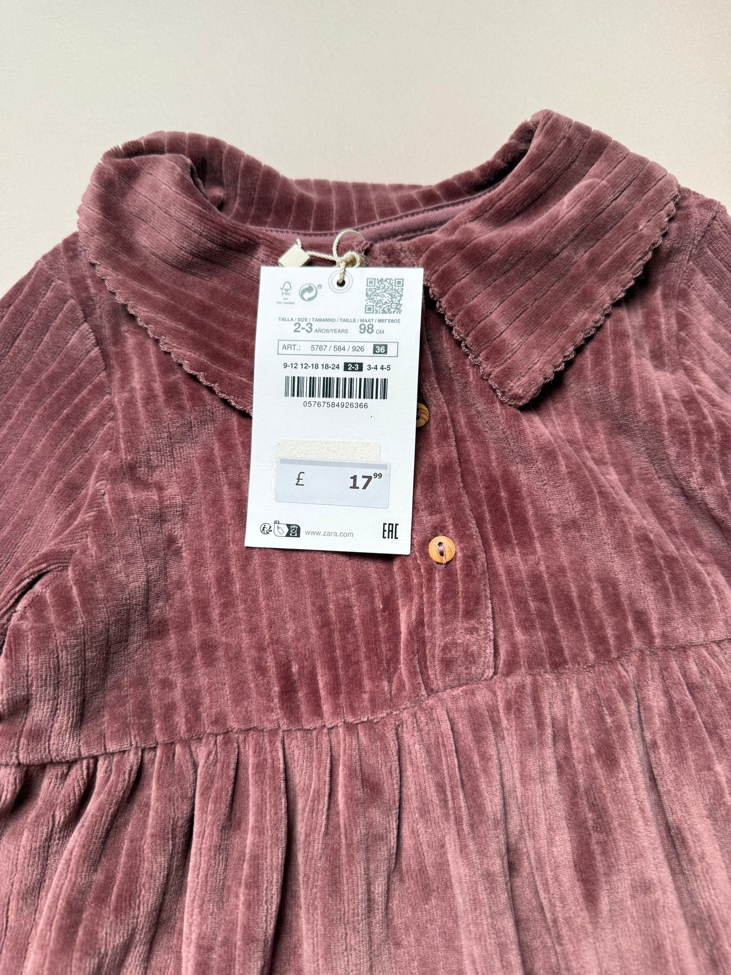 Zara Berry Long Sleeved Velour Dress With Peter Pan Collar in 2-3 Years