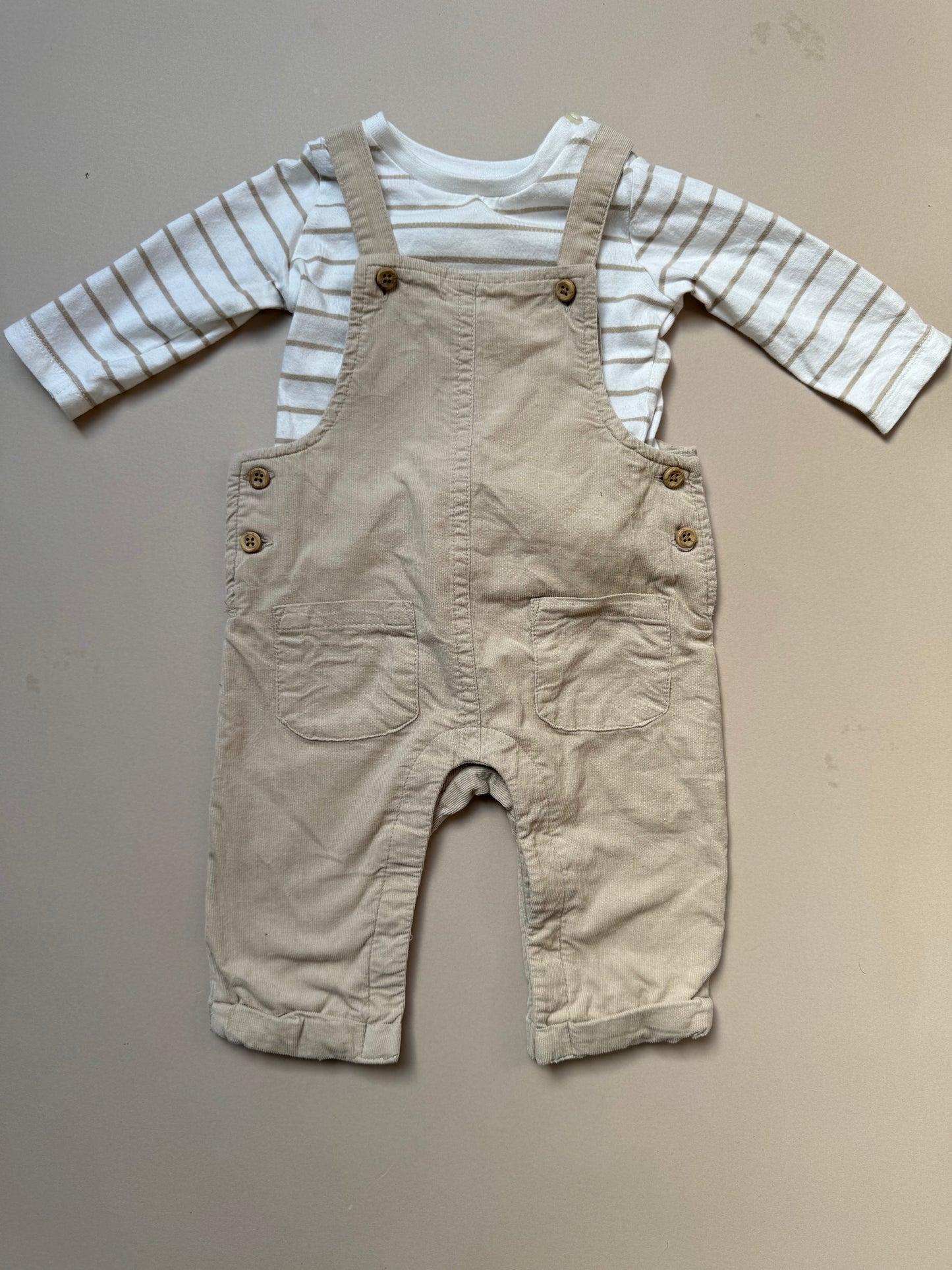 Matalan Neutral Dungaree & Long Sleeved T-Shirt Set in 3-6 Months