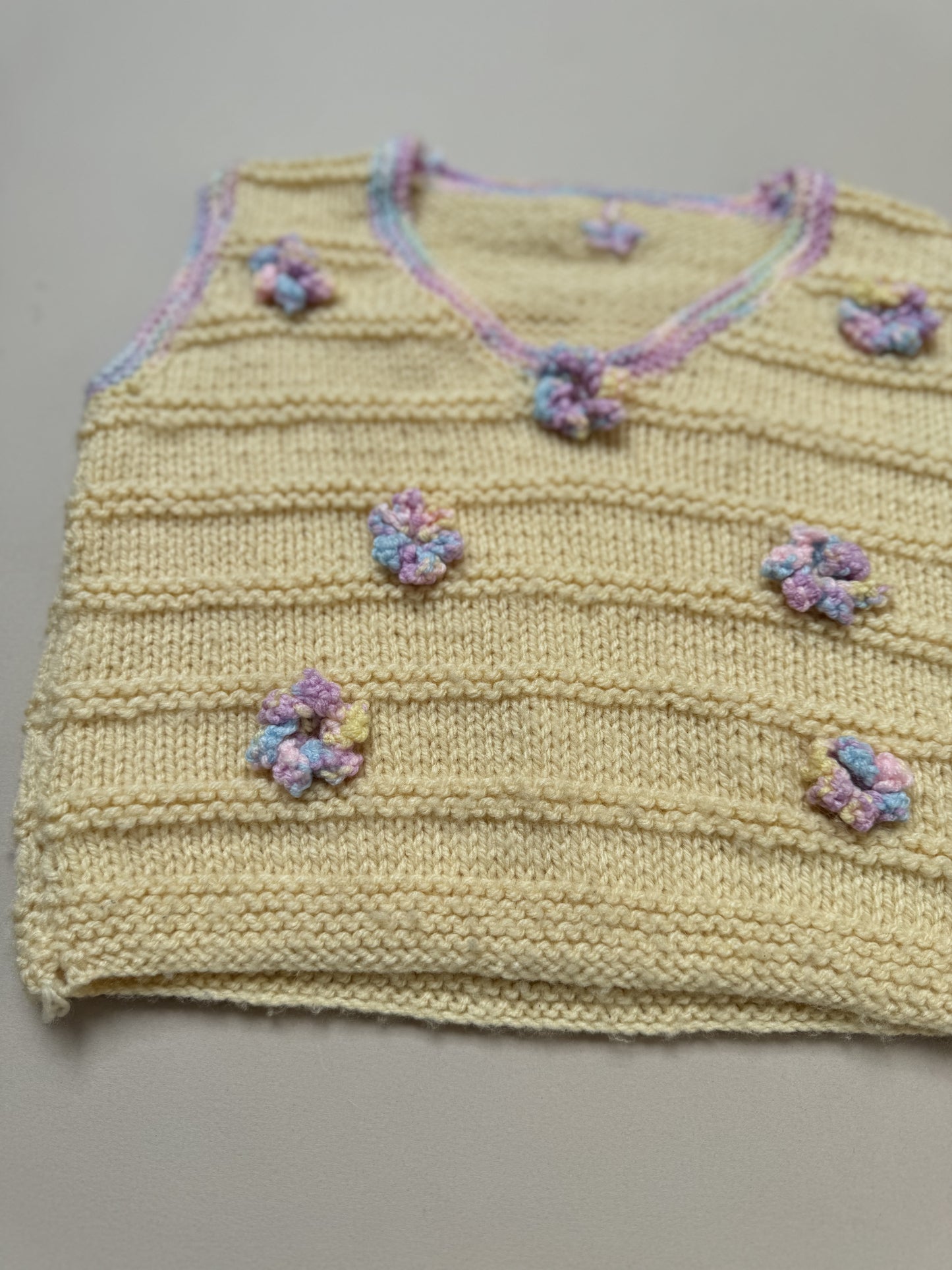 Handknitted Lemon Yellow Vest With Flowers Best Fit 9-12 Months