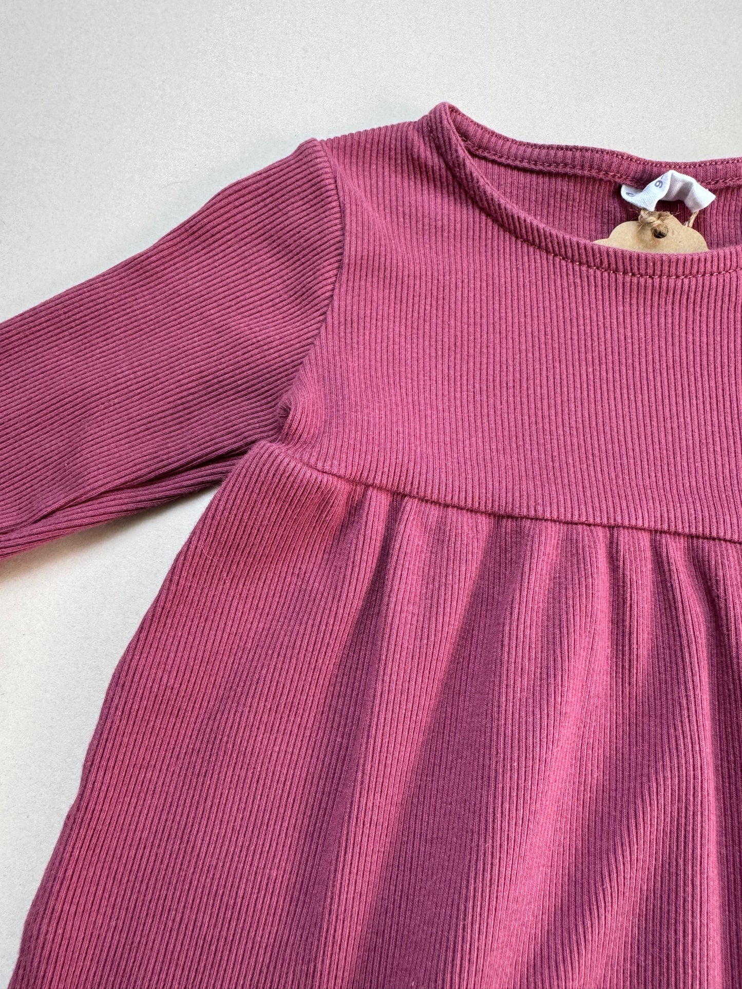 F&F Pink Ribbed Long Sleeved Dress in 9-12 Months