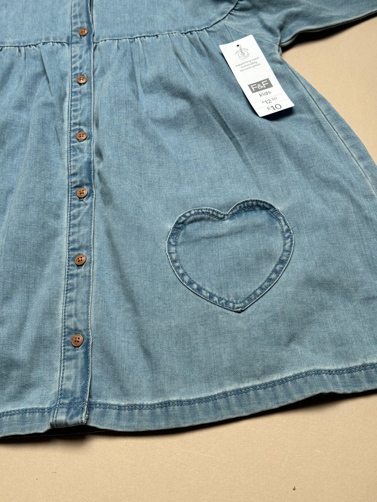 F&F Denim Long Sleeved Dress With Heart Pockets in 6-7 Years