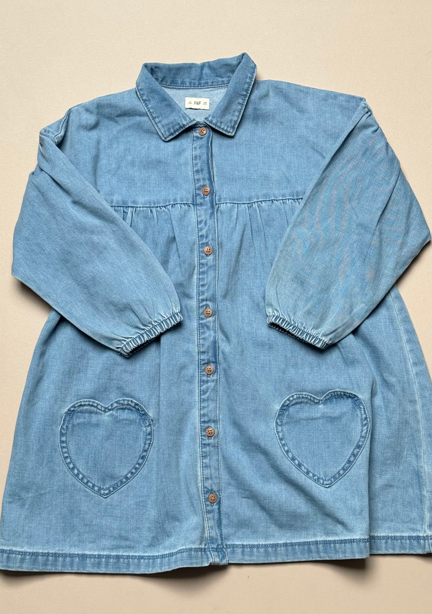 F&F Denim Long Sleeved Dress With Heart Pockets in 6-7 Years