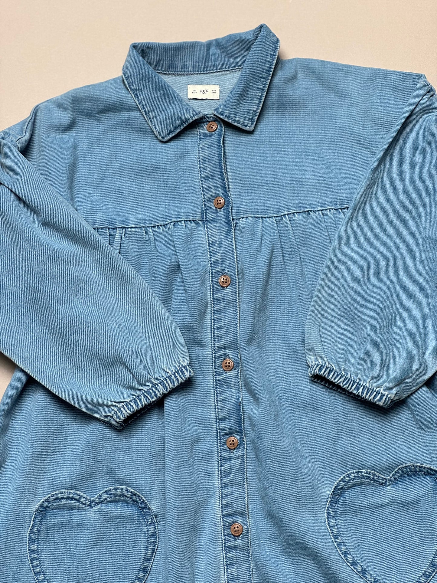 F&F Denim Long Sleeved Dress With Heart Pockets in 6-7 Years