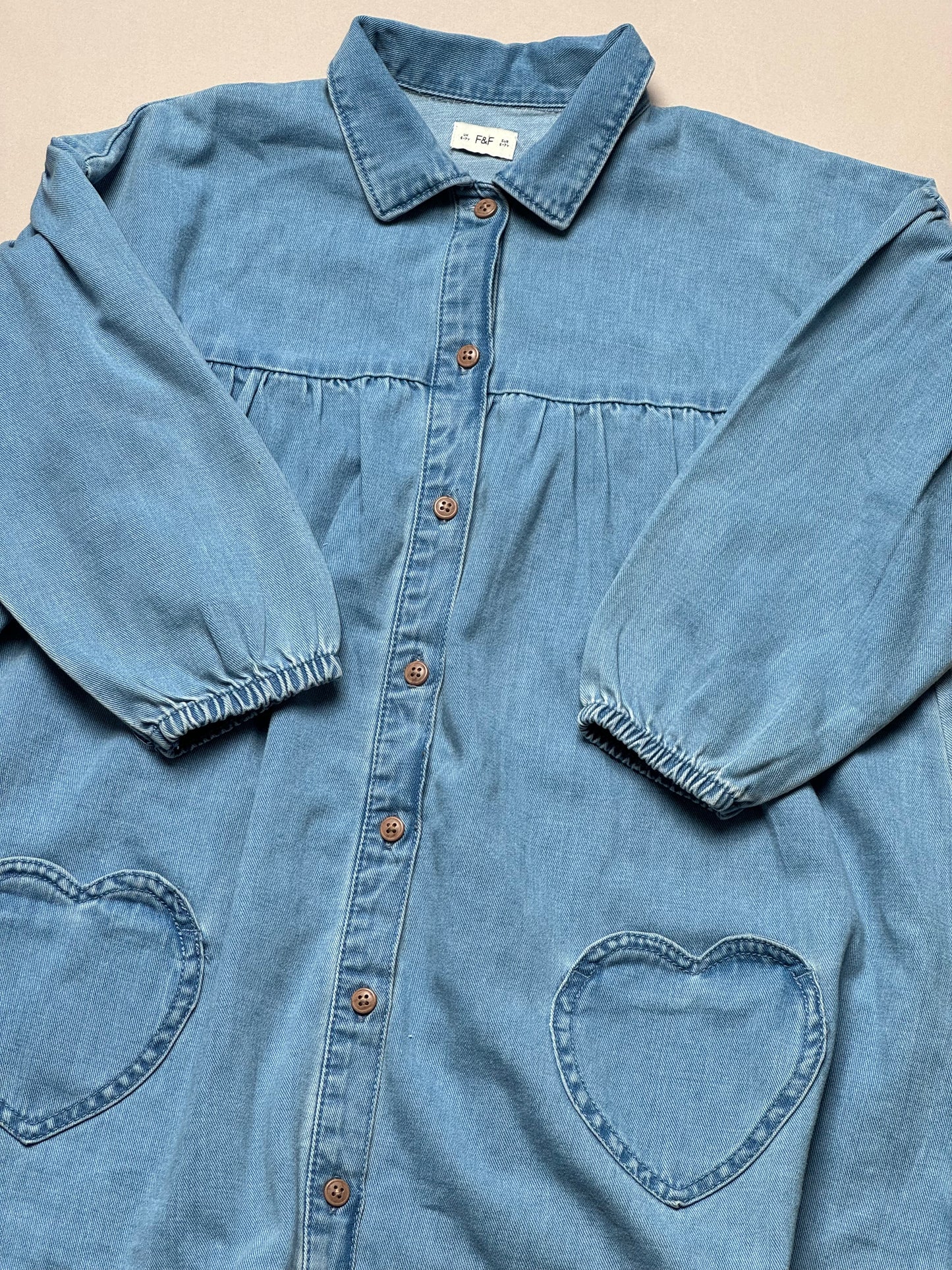 F&F Denim Long Sleeved Dress With Heart Pockets in 6-7 Years