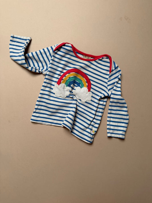 Frugi Organic Cotton Striped Long Sleeved T-Shirt With Rainbow Embroidery in 6-12 Months