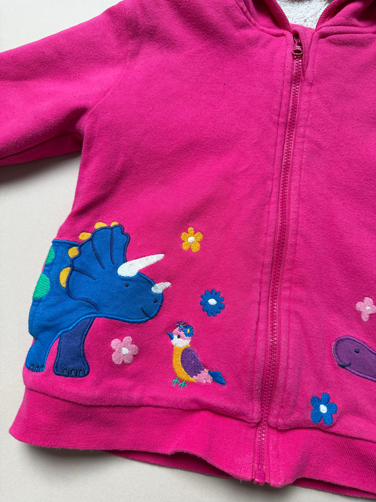 Jojo Maman Bebe Pink Long Sleeved Cotton Dinosaur Fleece Lined Hoodie With Embroidered Dinosaurs in 2-3 Years
