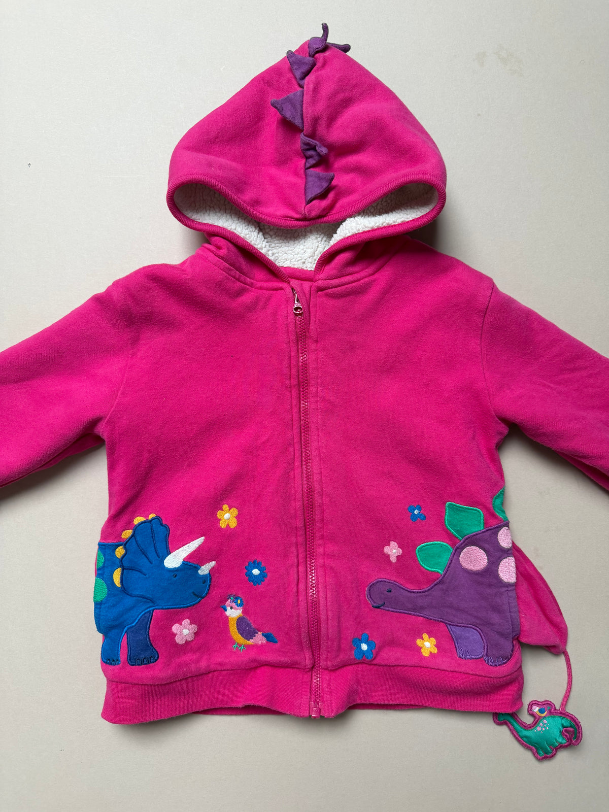 Jojo Maman Bebe Pink Long Sleeved Cotton Dinosaur Fleece Lined Hoodie With Embroidered Dinosaurs in 2-3 Years