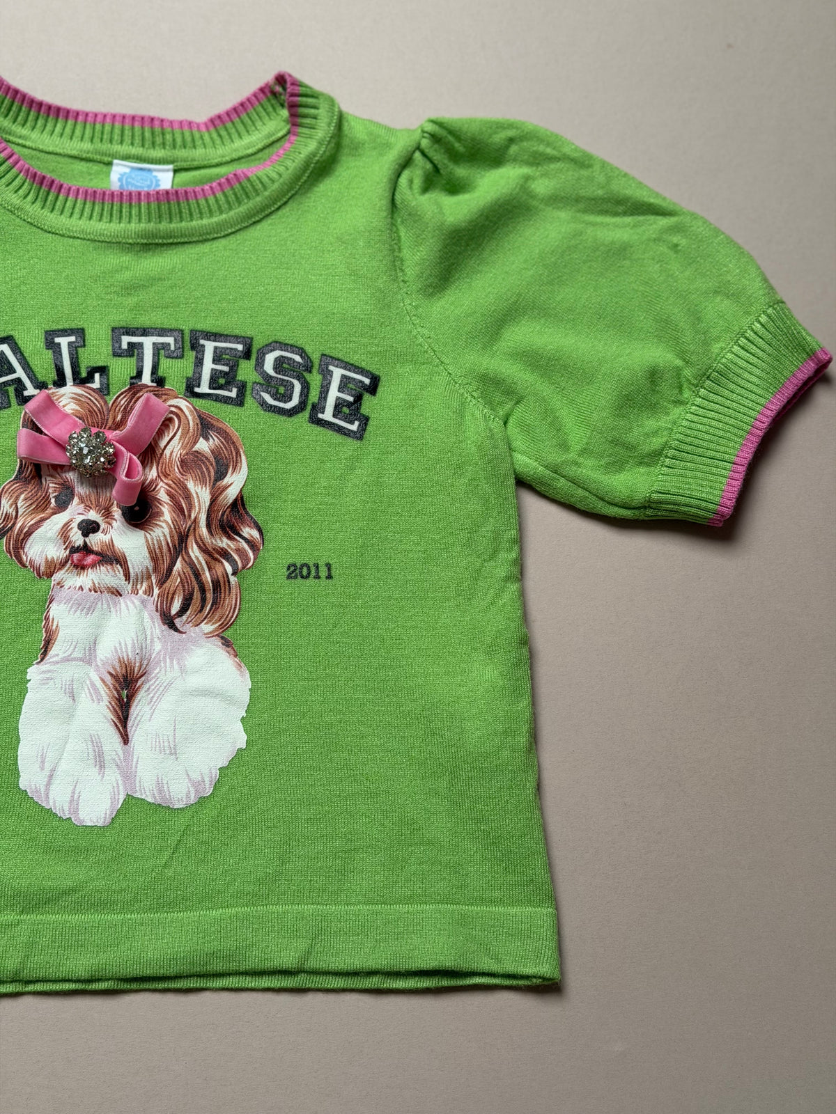 Bold Apple Green Maltese Dog Slogan Knitted Short Sleeved Jumper With Pink Stitching in Age 6