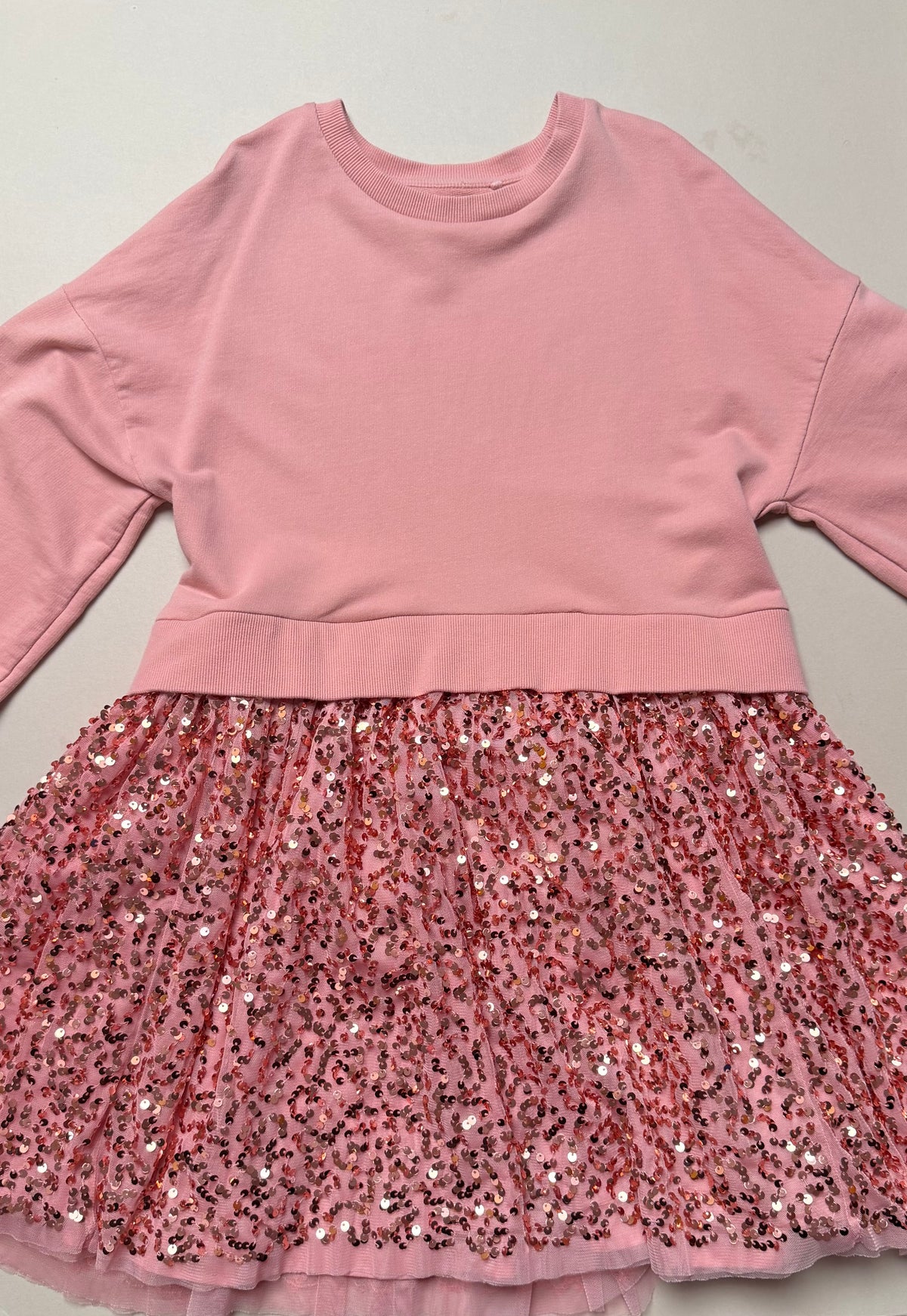 Next Dusky Pink Cotton Long Sleeved Sweater Dress With Sequinned Skirt in 9 Years