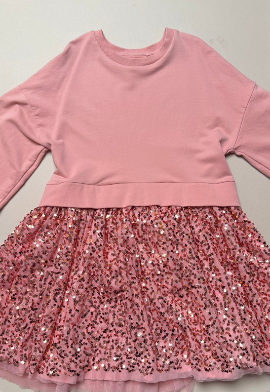 Next Dusky Pink Cotton Long Sleeved Sweater Dress With Sequinned Skirt in 9 Years