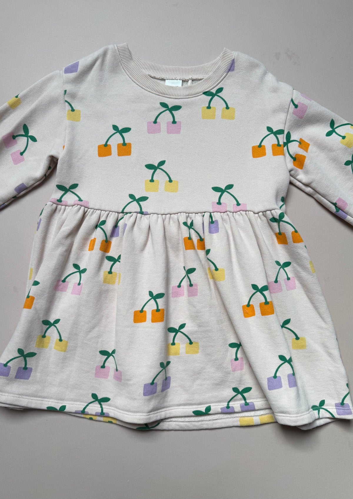 Next Cream Cotton Long Sleeved Sweat Dress With Block Printed Cherries in 5-6 Years