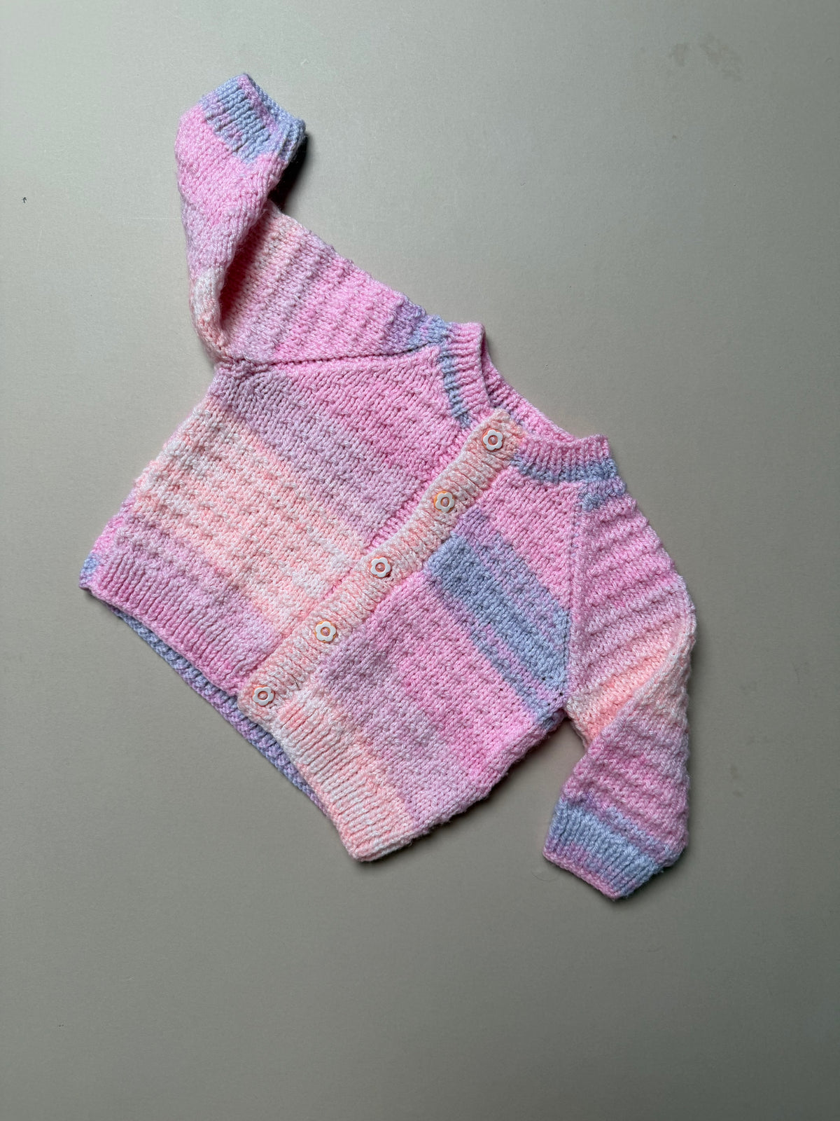 Handknitted Acrylic Ombré Purple Pink Lilac Cardigan With Floral Buttons Best Fit 6-9 Months