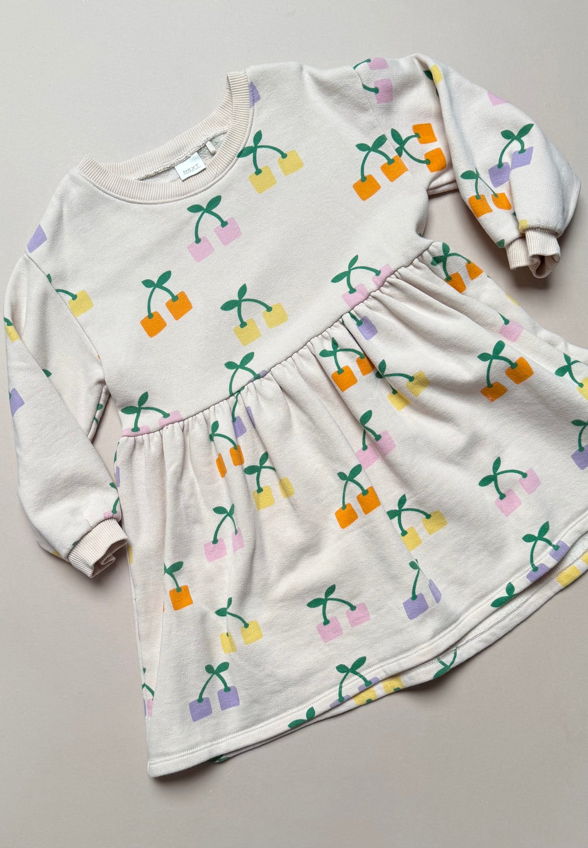 Next Cream Cotton Long Sleeved Sweat Dress With Block Printed Cherries in 5-6 Years