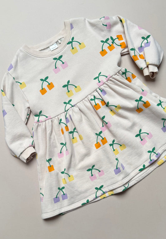 Next Cream Cotton Long Sleeved Sweat Dress With Block Printed Cherries in 5-6 Years