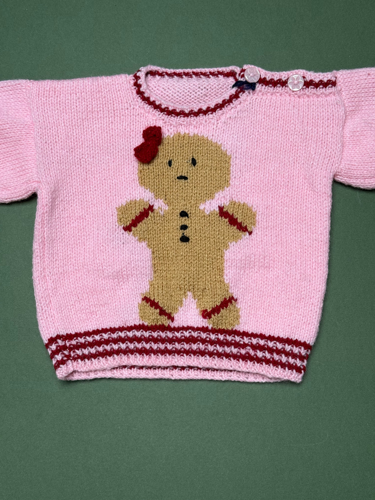 Handknitted Pink Acrylic Gingerbread Lady Jumper in 1-2 Years
