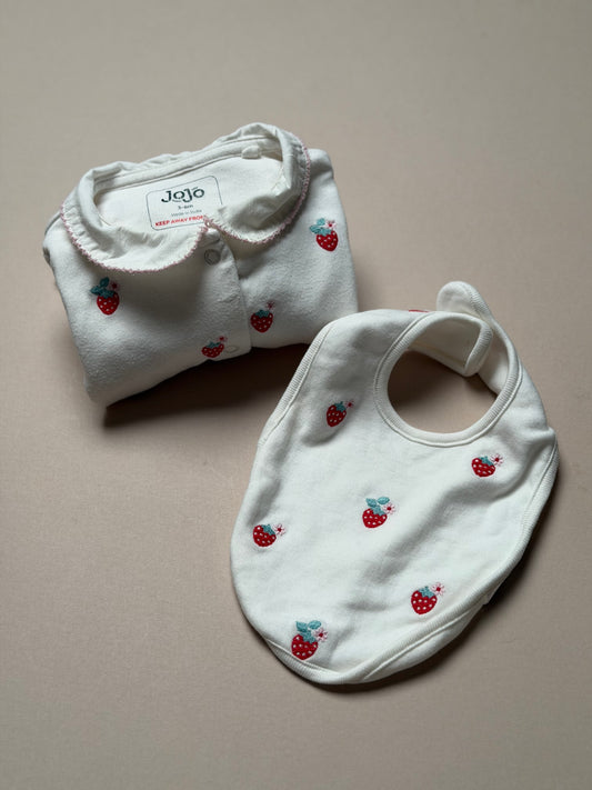 Jojo Maman Bebe Peterpan Collared Cotton Long Sleeved Strawberry Embroidered Sleepsuit With Bib in 3-6 Months
