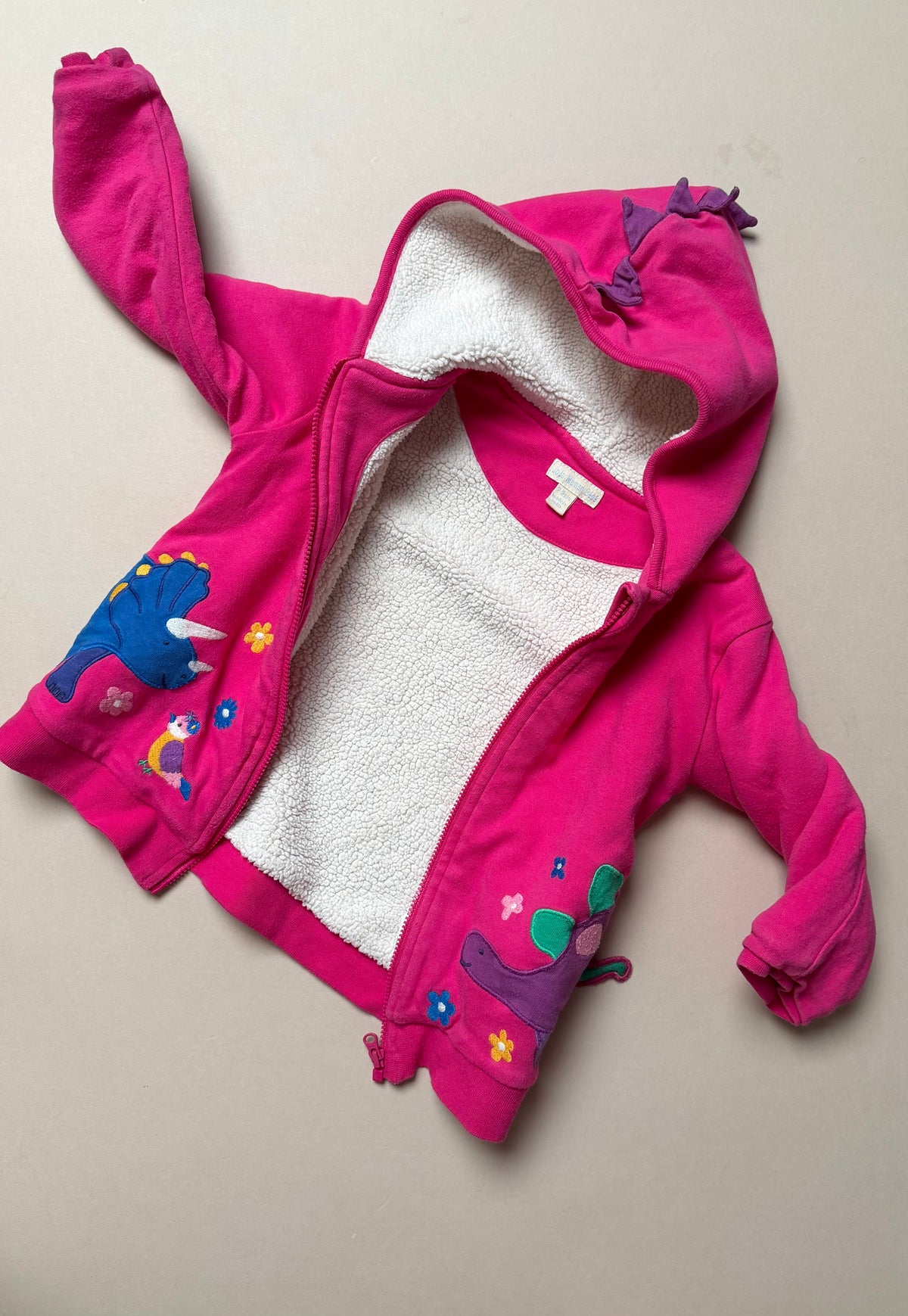 Jojo Maman Bebe Pink Long Sleeved Cotton Dinosaur Fleece Lined Hoodie With Embroidered Dinosaurs in 2-3 Years