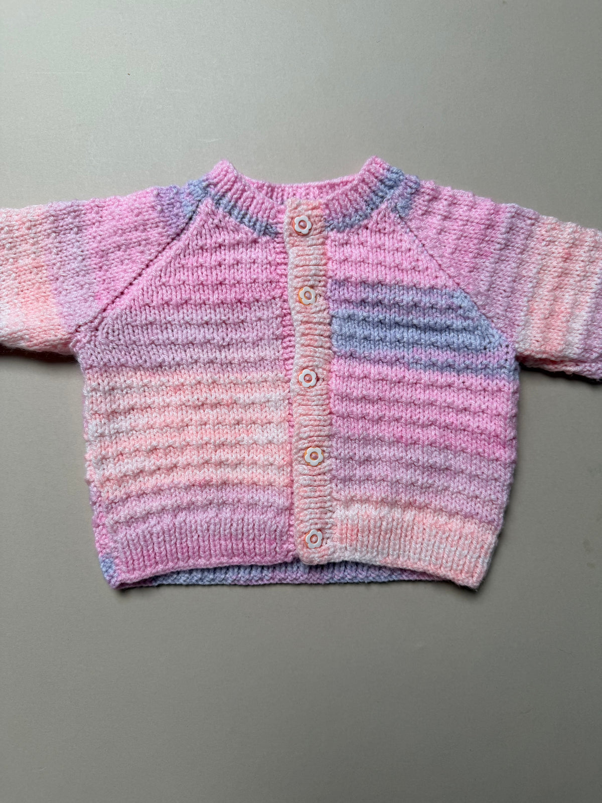 Handknitted Acrylic Ombré Purple Pink Lilac Cardigan With Floral Buttons Best Fit 6-9 Months