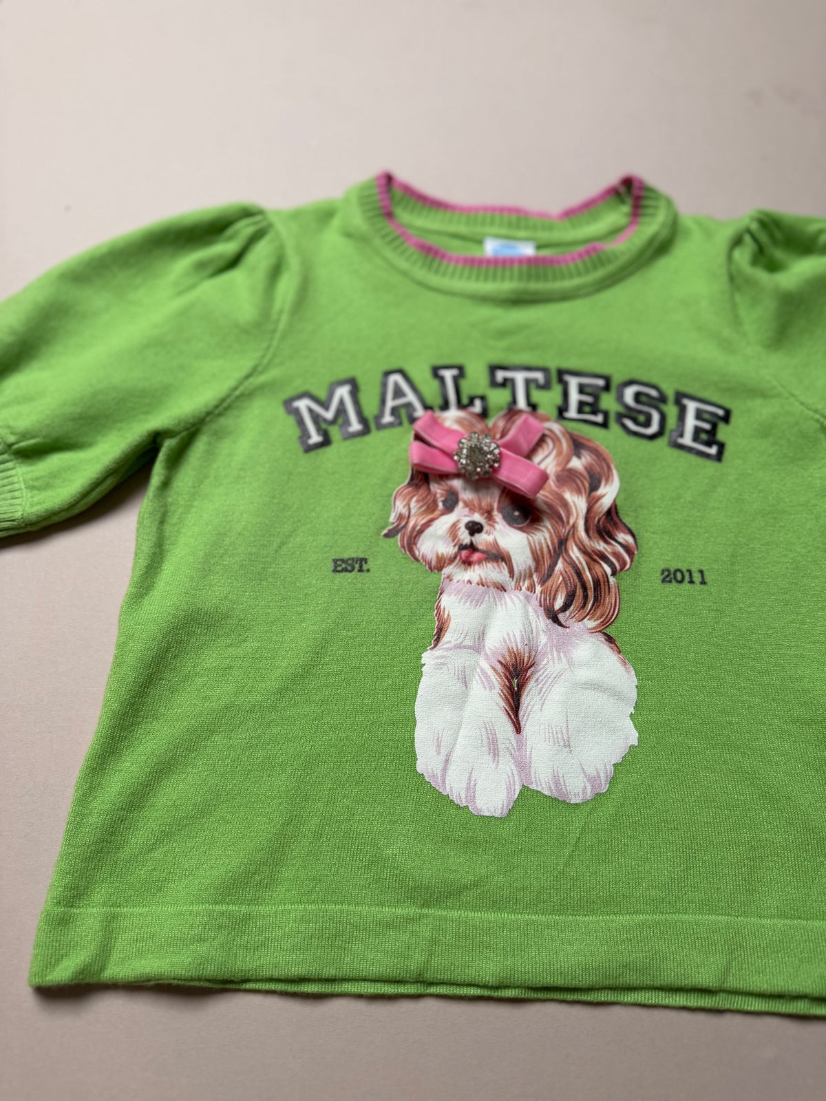 Bold Apple Green Maltese Dog Slogan Knitted Short Sleeved Jumper With Pink Stitching in Age 6