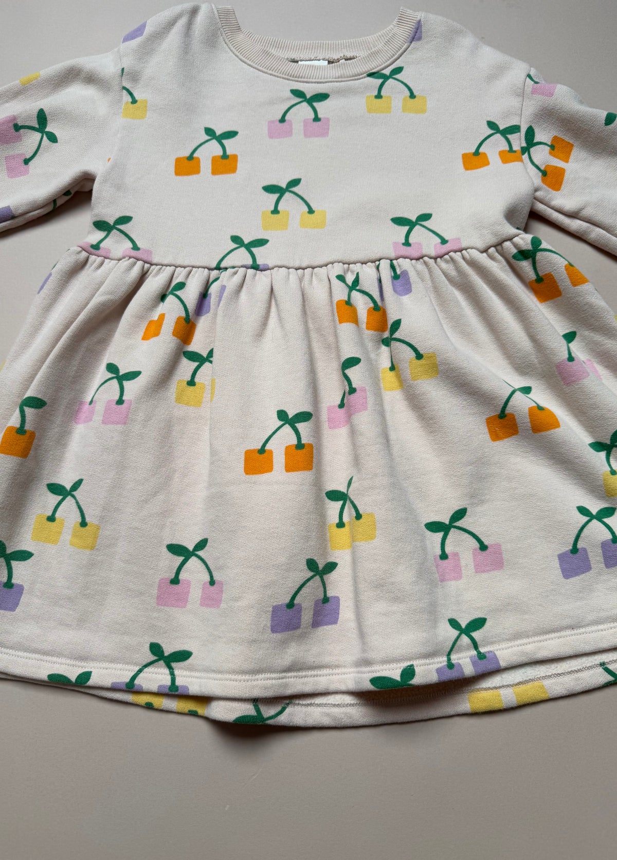 Next Cream Cotton Long Sleeved Sweat Dress With Block Printed Cherries in 5-6 Years