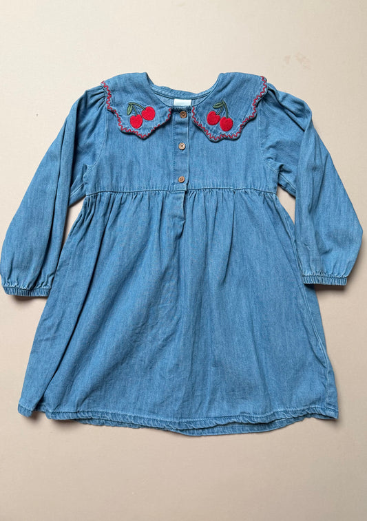 Next Lightweight Button Denim Long Sleeved Peter Pan Collared Dress With Cherry Embroidery in 2-3 Years
