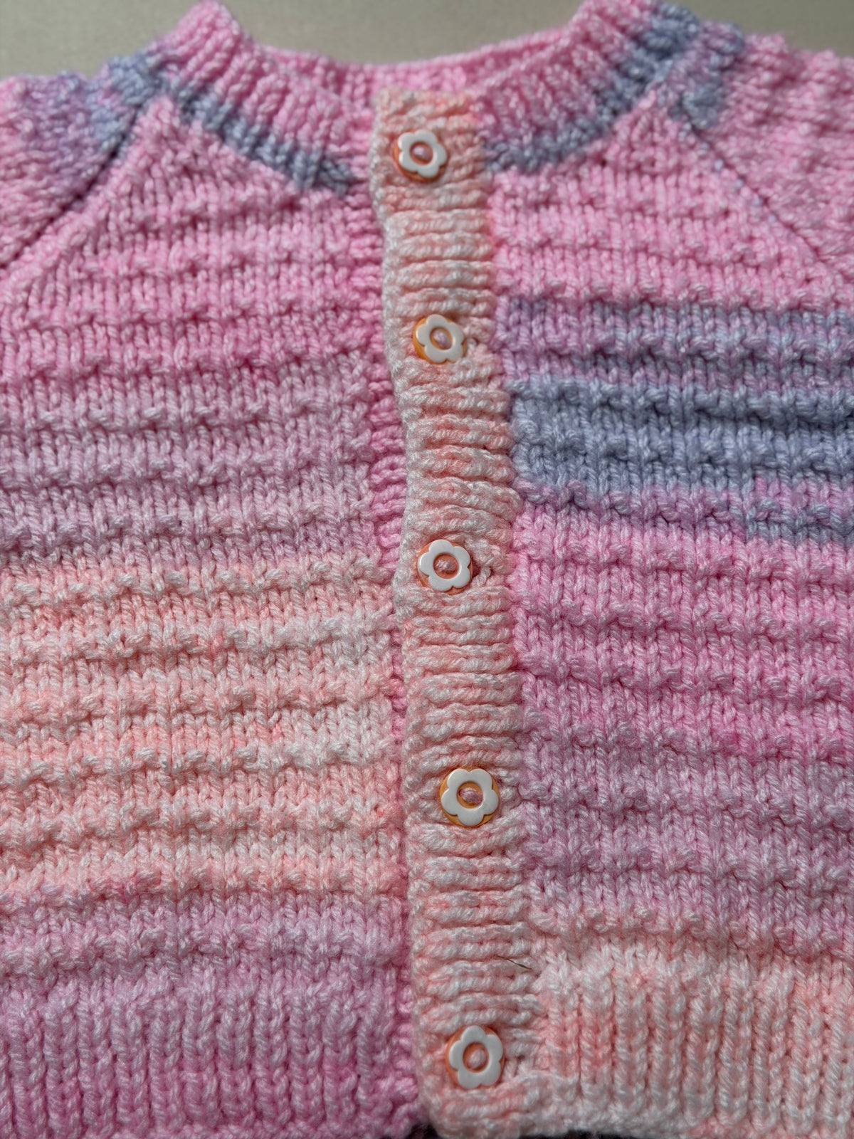 Handknitted Acrylic Ombré Purple Pink Lilac Cardigan With Floral Buttons Best Fit 6-9 Months
