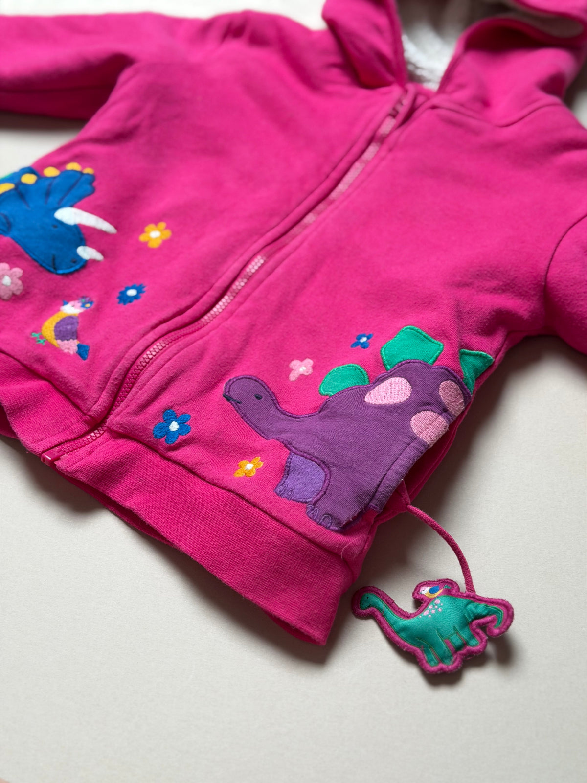 Jojo Maman Bebe Pink Long Sleeved Cotton Dinosaur Fleece Lined Hoodie With Embroidered Dinosaurs in 2-3 Years
