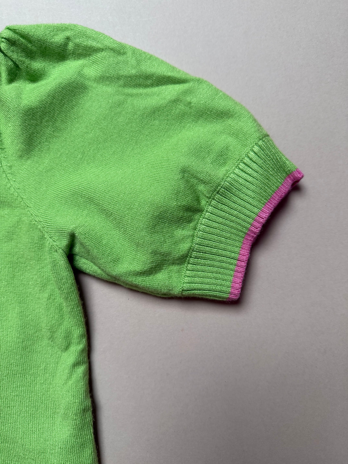 Bold Apple Green Maltese Dog Slogan Knitted Short Sleeved Jumper With Pink Stitching in Age 6