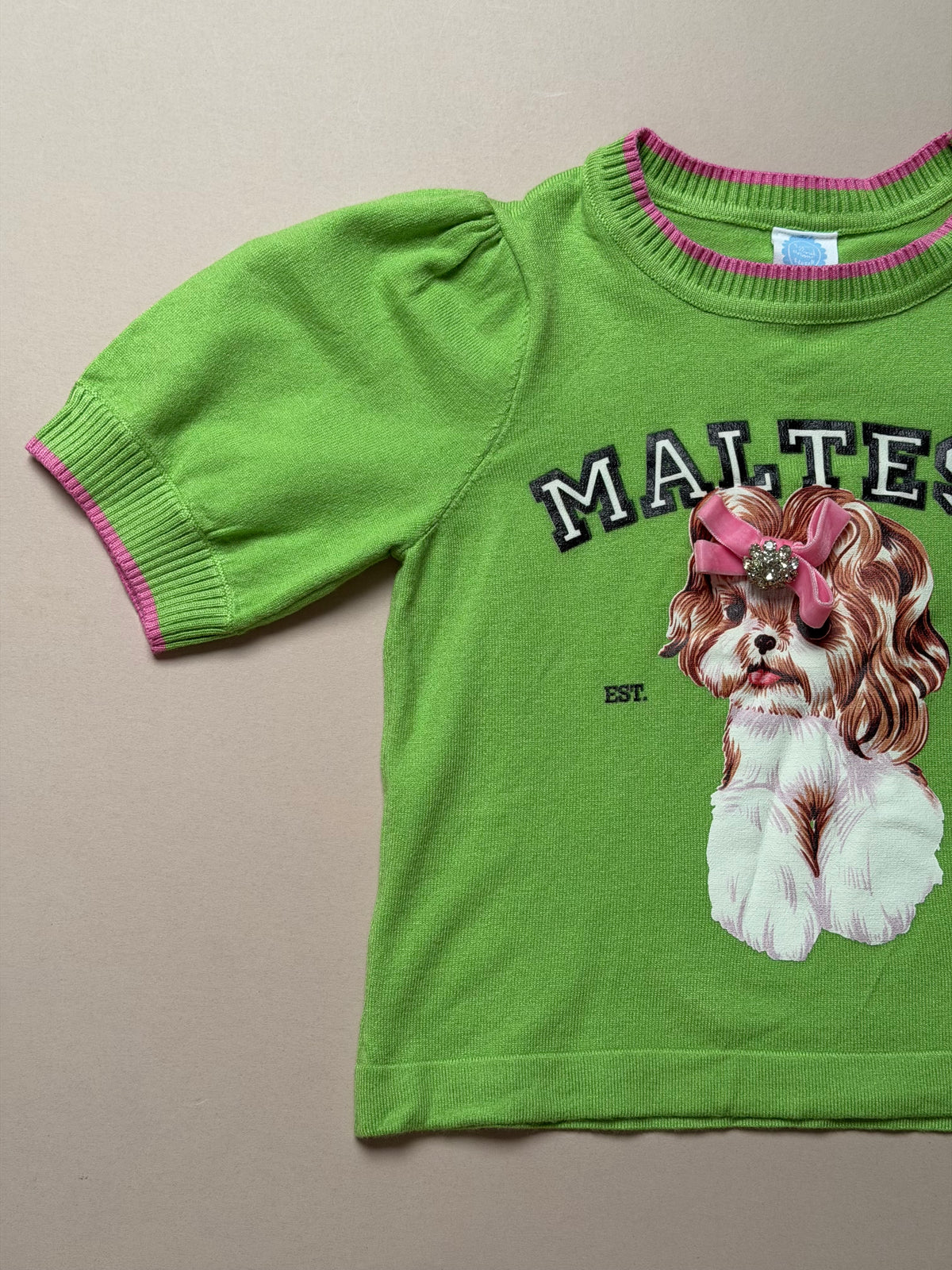 Bold Apple Green Maltese Dog Slogan Knitted Short Sleeved Jumper With Pink Stitching in Age 6