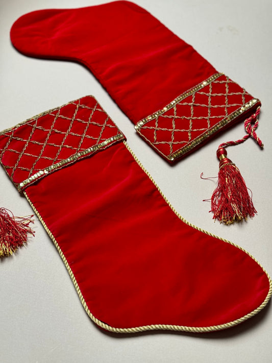 Vintage Red Velvet & Gold Beaded Stockings