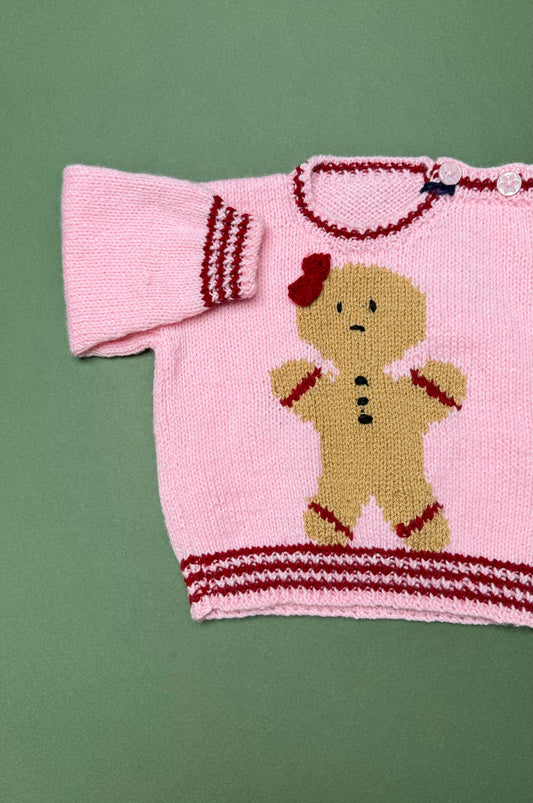 Handknitted Pink Acrylic Gingerbread Lady Jumper in 1-2 Years
