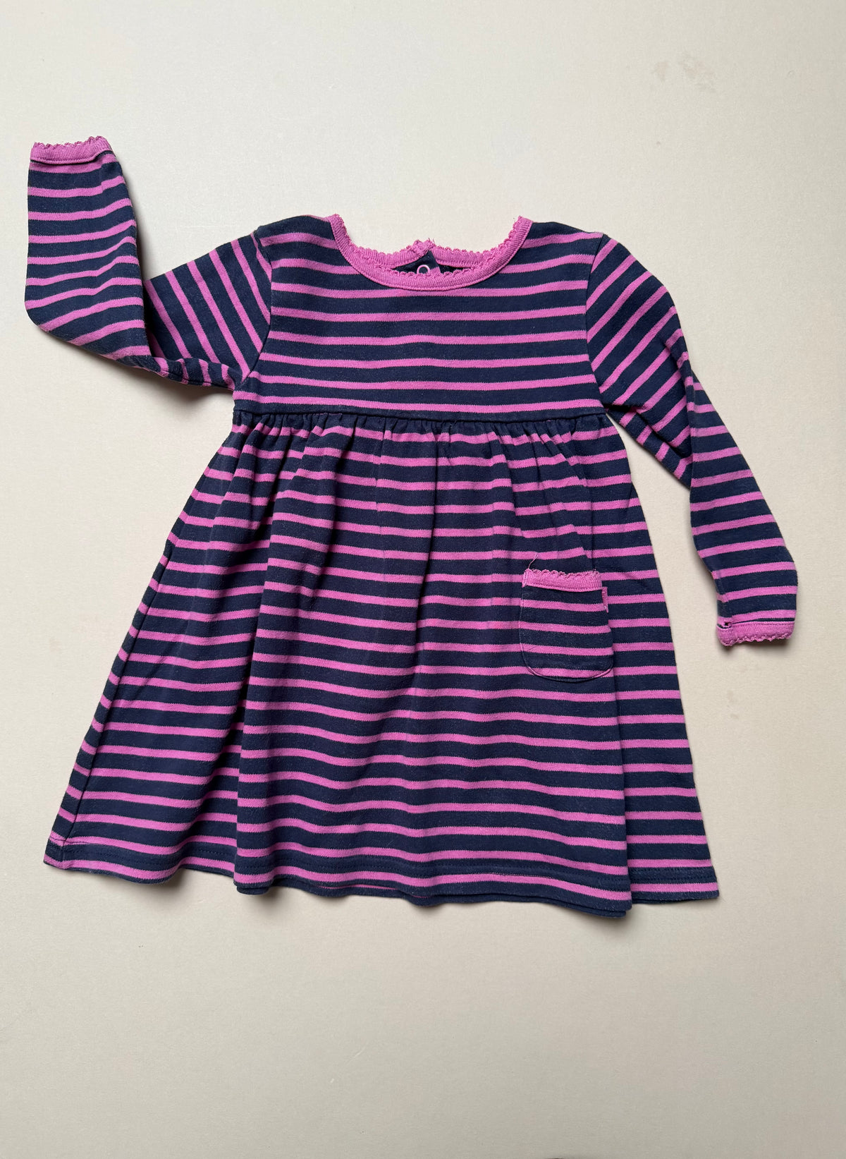 Jojo Maman Bebe Cotton Long Sleeved Navy & Pink Dress in 18-24 Months