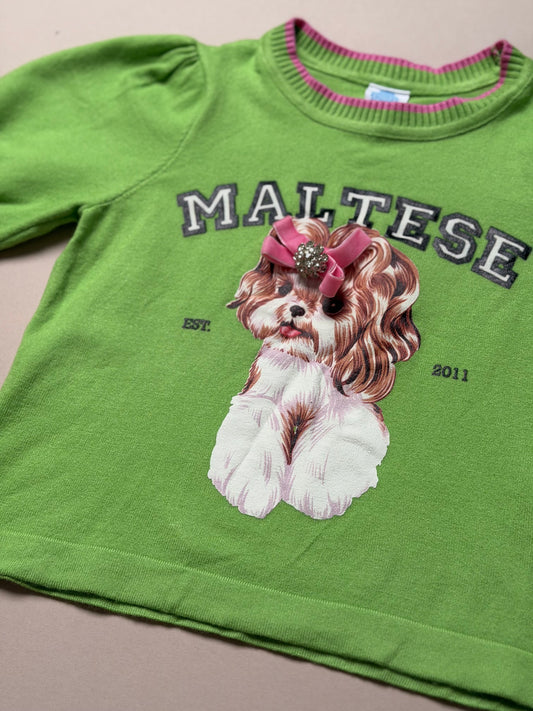 Bold Apple Green Maltese Dog Slogan Knitted Short Sleeved Jumper With Pink Stitching in Age 6