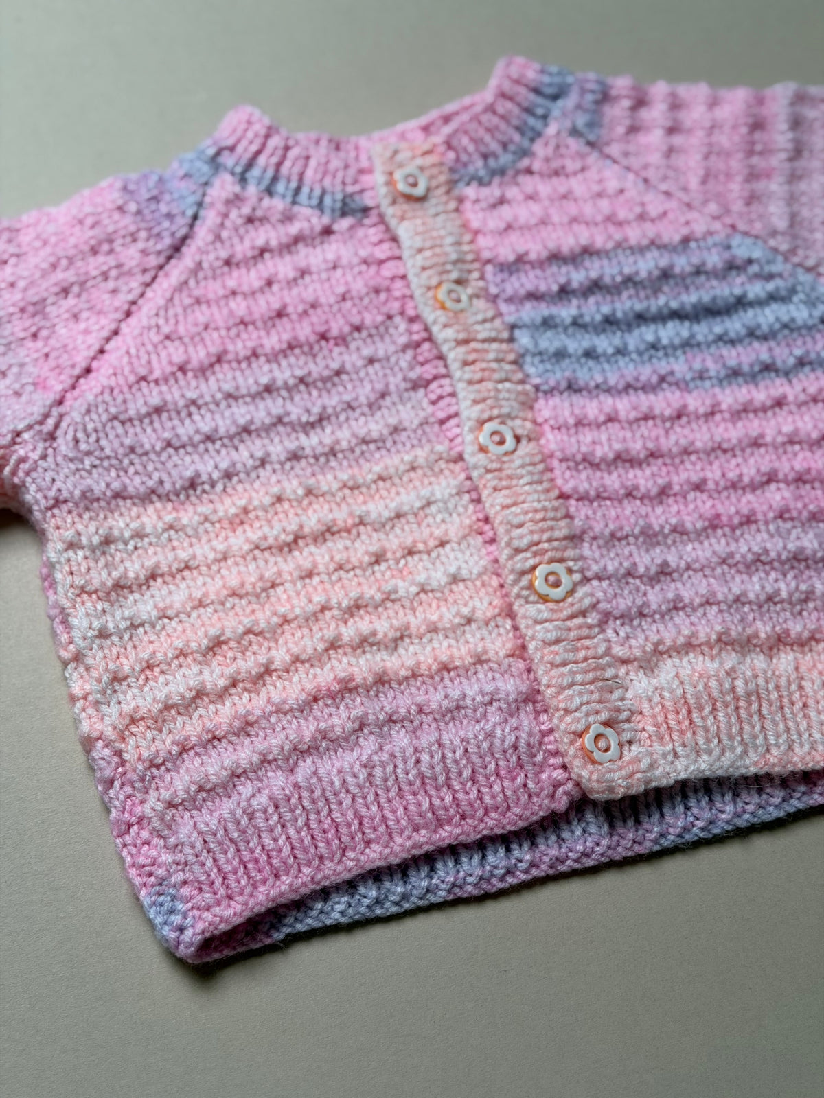 Handknitted Acrylic Ombré Purple Pink Lilac Cardigan With Floral Buttons Best Fit 6-9 Months