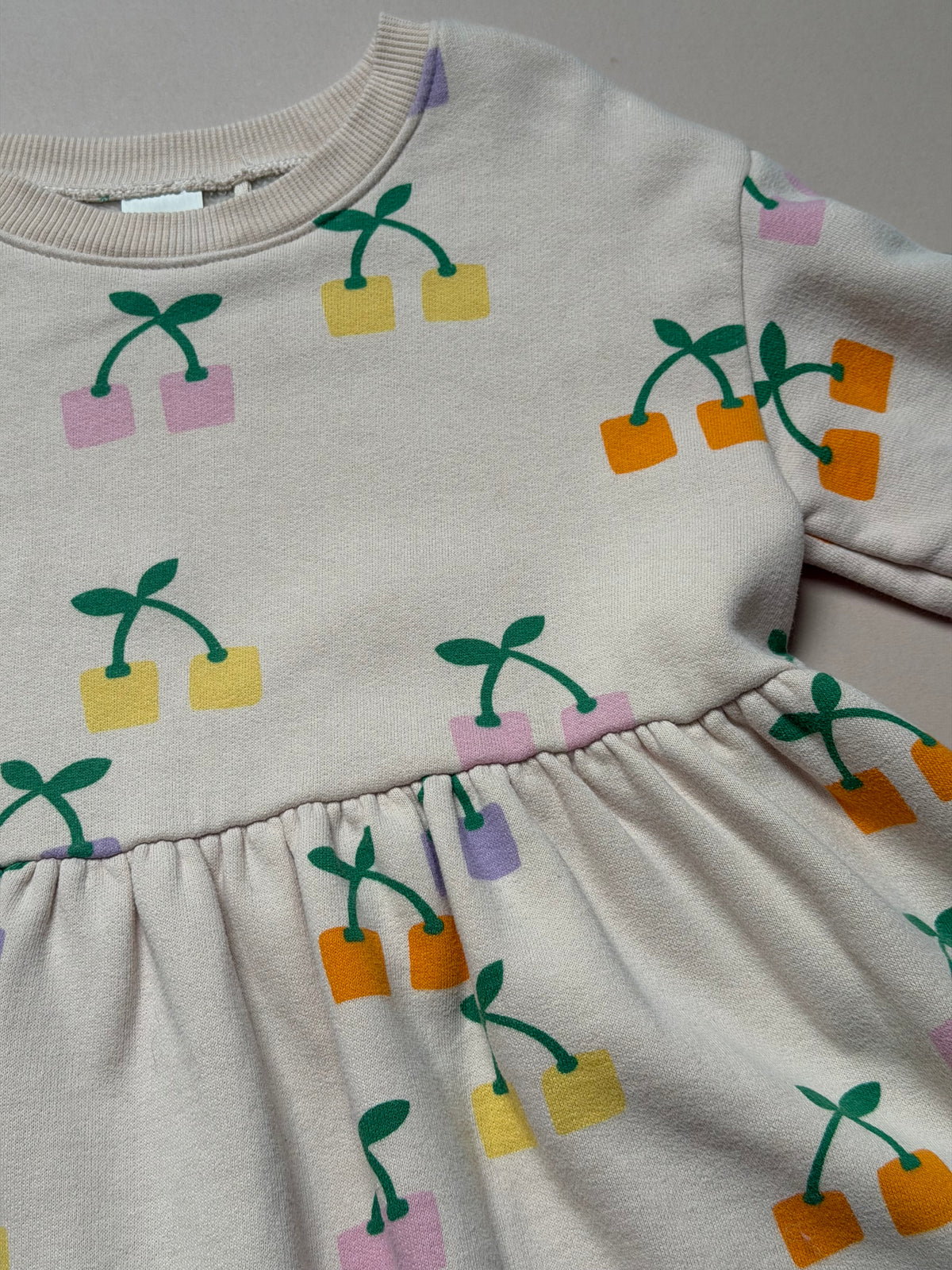 Next Cream Cotton Long Sleeved Sweat Dress With Block Printed Cherries in 5-6 Years