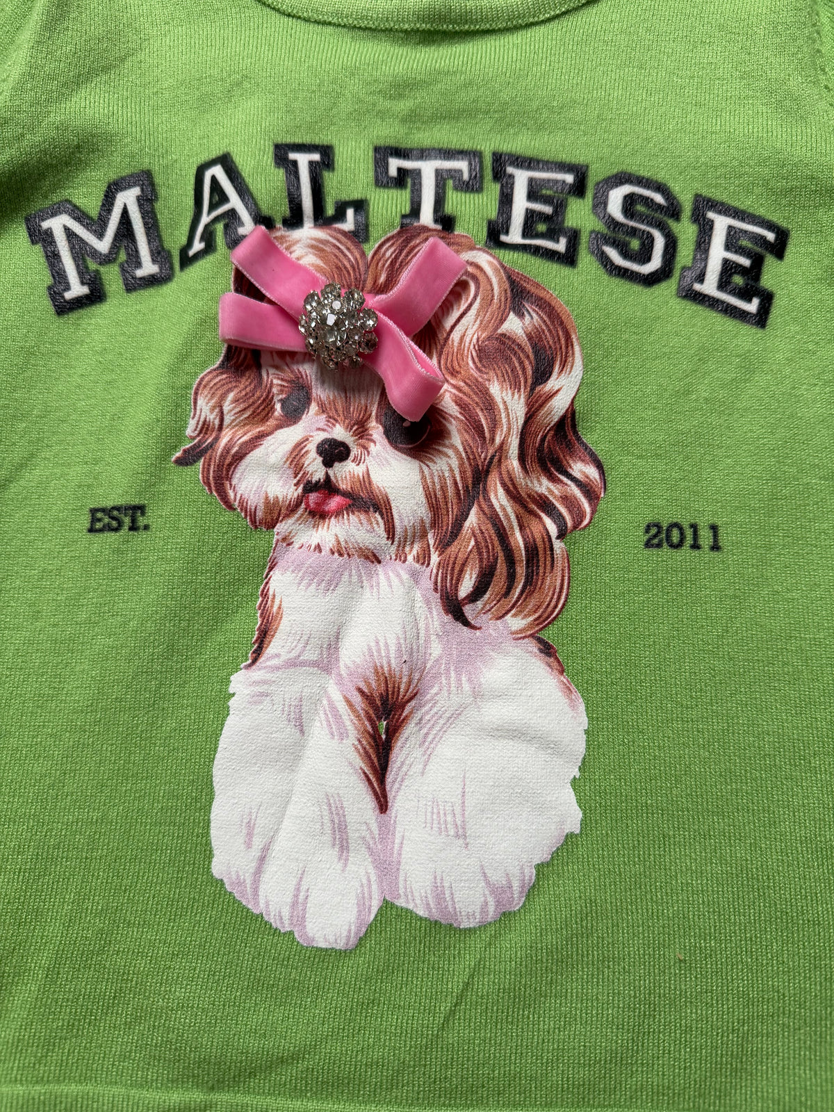 Bold Apple Green Maltese Dog Slogan Knitted Short Sleeved Jumper With Pink Stitching in Age 6