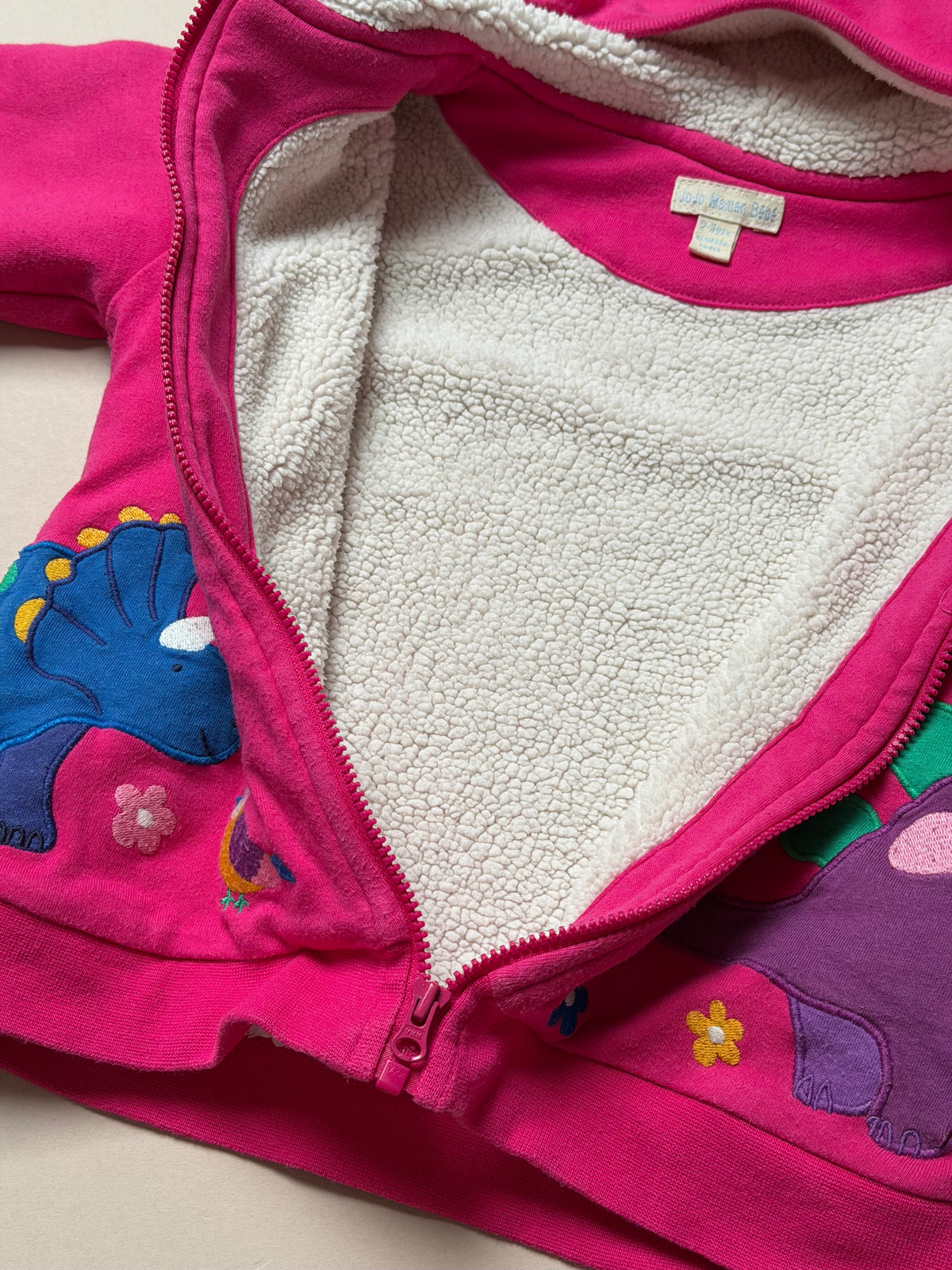 Jojo Maman Bebe Pink Long Sleeved Cotton Dinosaur Fleece Lined Hoodie With Embroidered Dinosaurs in 2-3 Years
