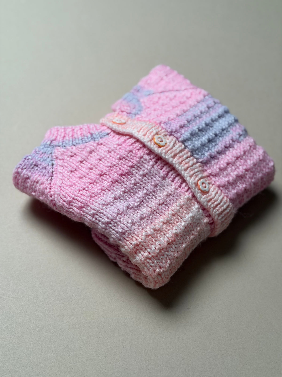 Handknitted Acrylic Ombré Purple Pink Lilac Cardigan With Floral Buttons Best Fit 6-9 Months