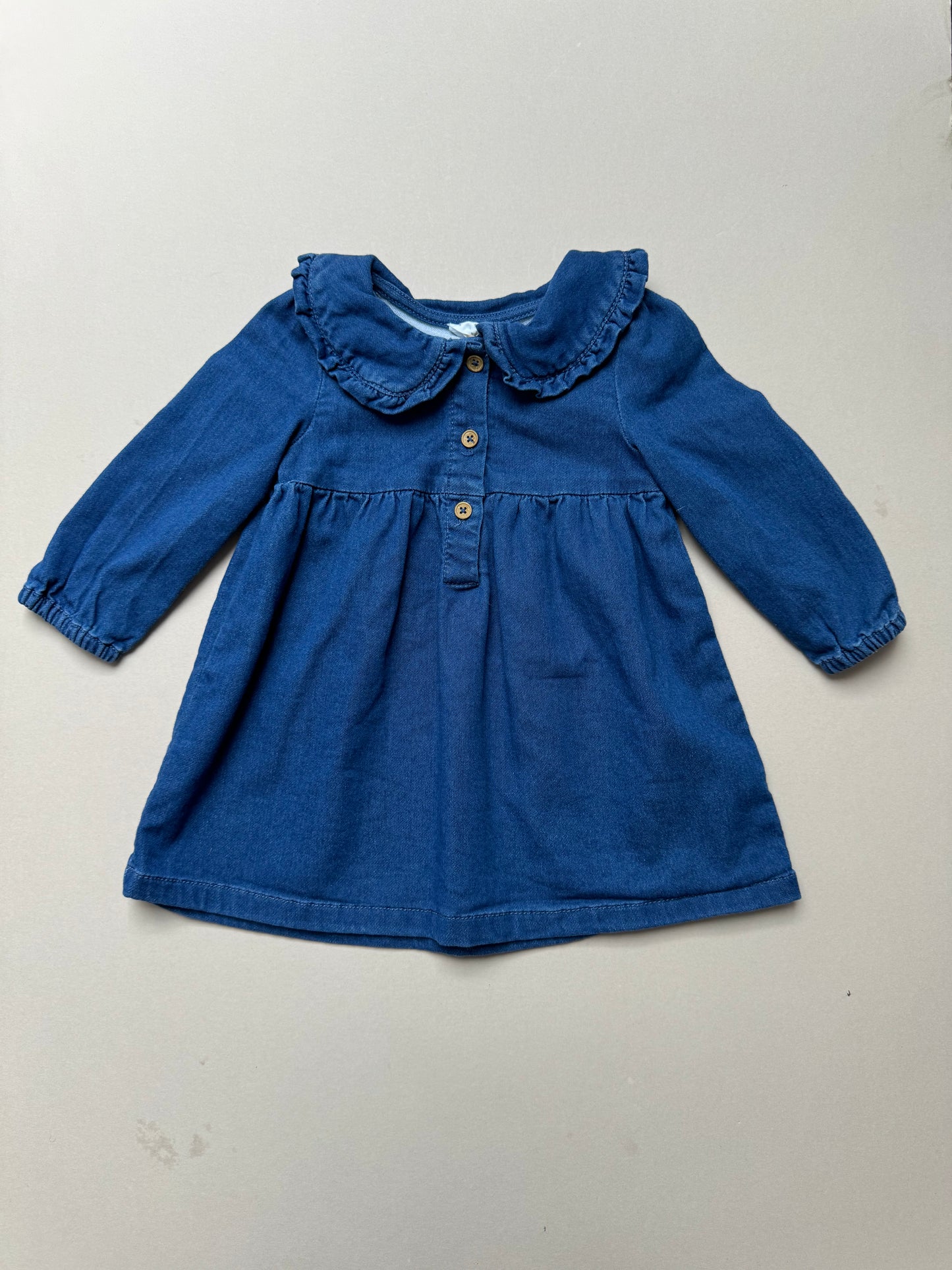 Fred & Flo Long Sleeved Denim Dress With Peter Pan Collar in 6-9 Months