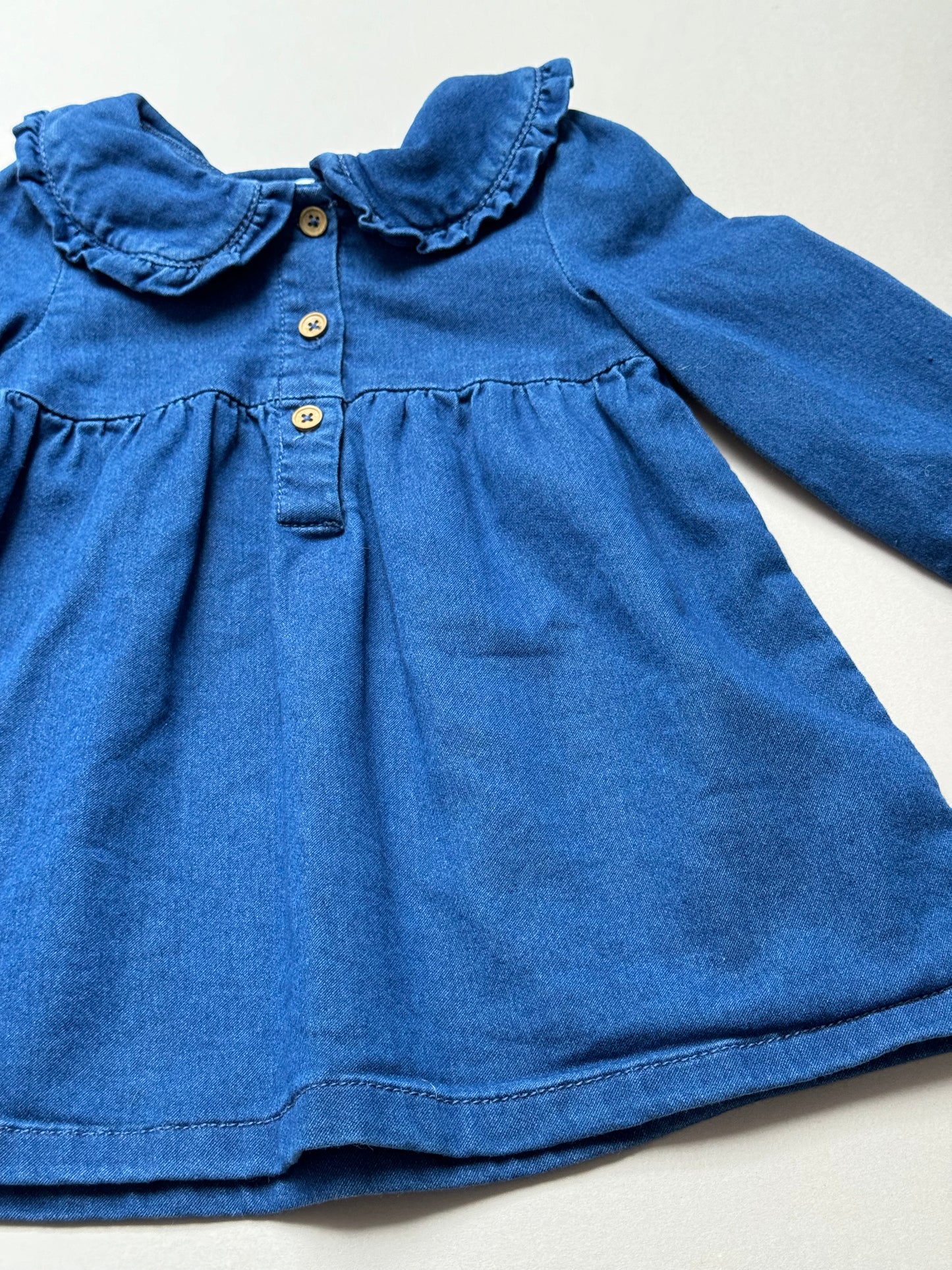 Fred & Flo Long Sleeved Denim Dress With Peter Pan Collar in 6-9 Months