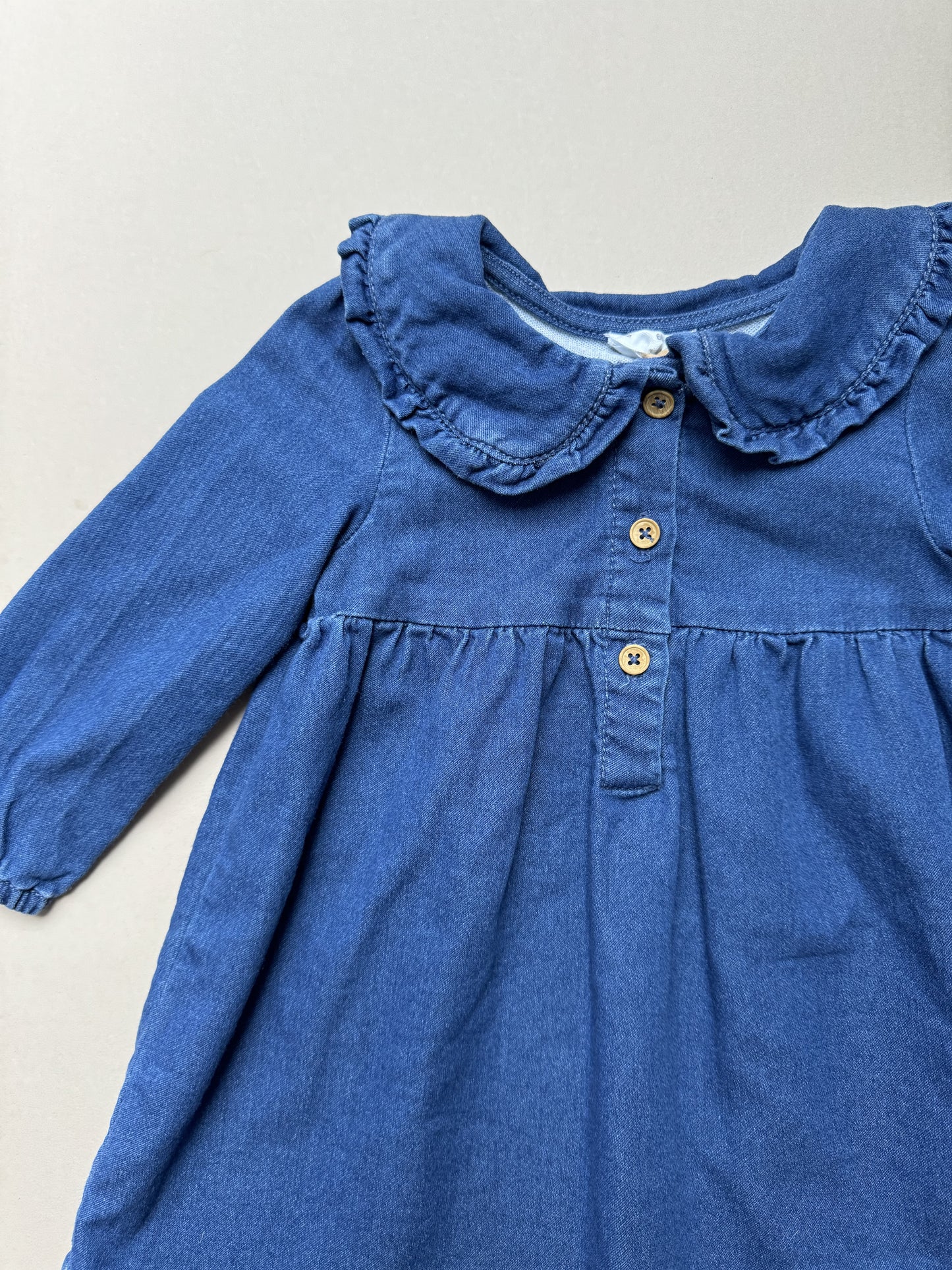 Fred & Flo Long Sleeved Denim Dress With Peter Pan Collar in 6-9 Months