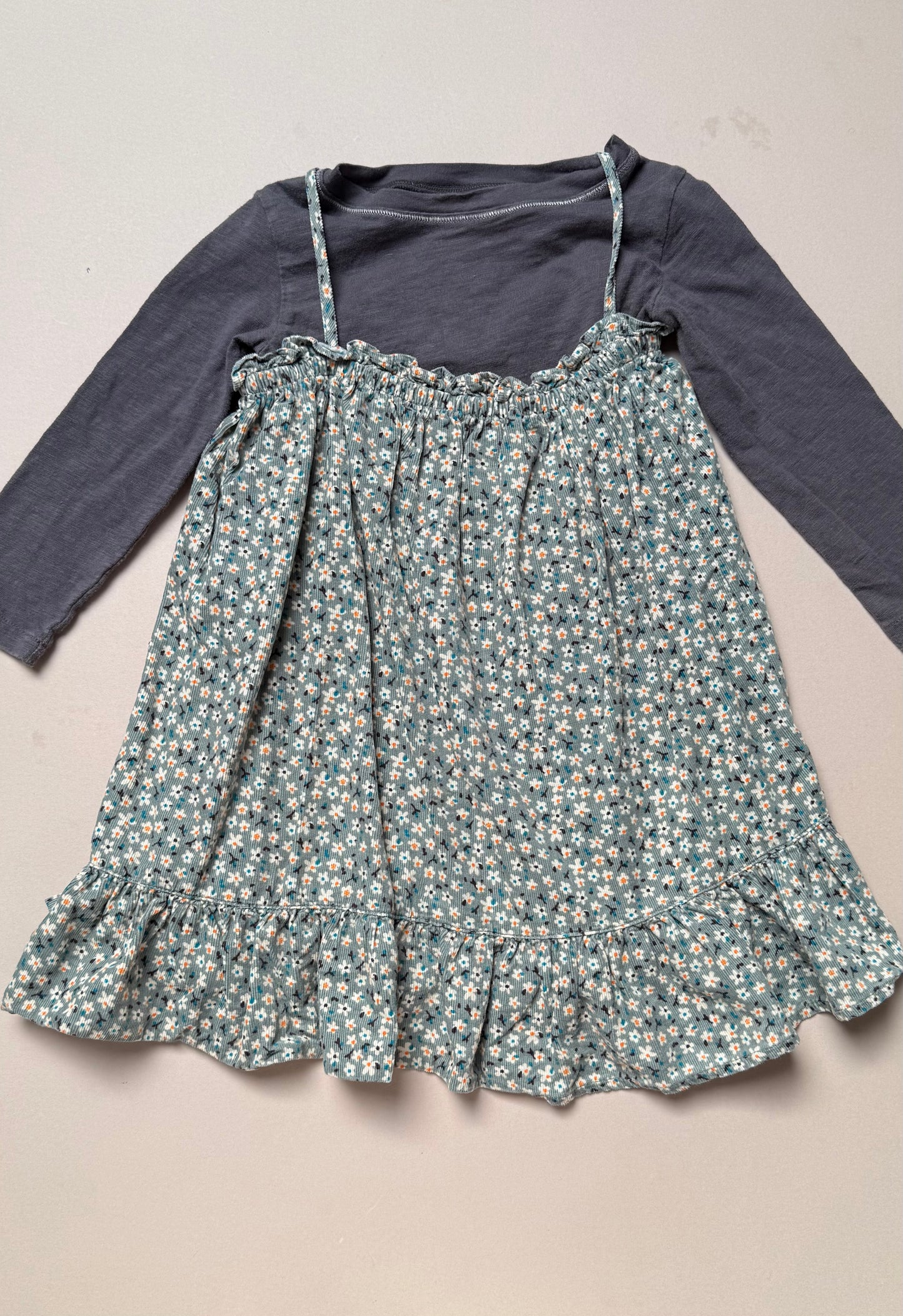 Zara Teal Floral Corduroy Strappy Dress & Charcoal Grey Long Sleeved Tee Set in 2-3 Years