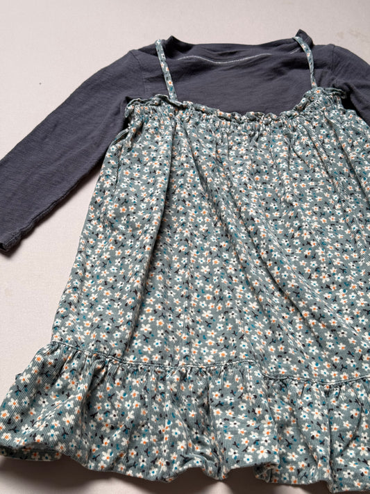 Zara Teal Floral Corduroy Strappy Dress & Charcoal Grey Long Sleeved Tee Set in 2-3 Years