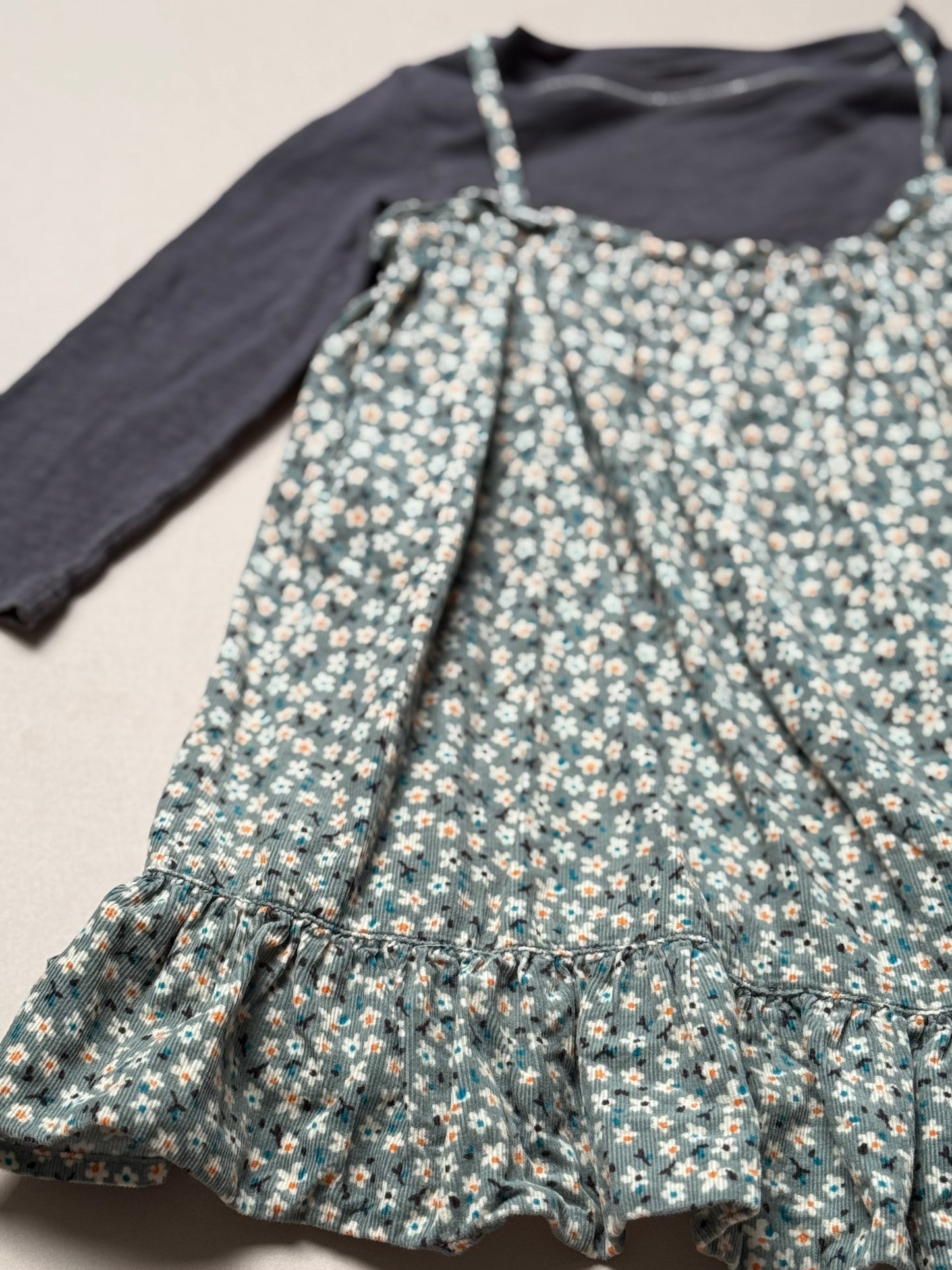 Zara Teal Floral Corduroy Strappy Dress & Charcoal Grey Long Sleeved Tee Set in 2-3 Years