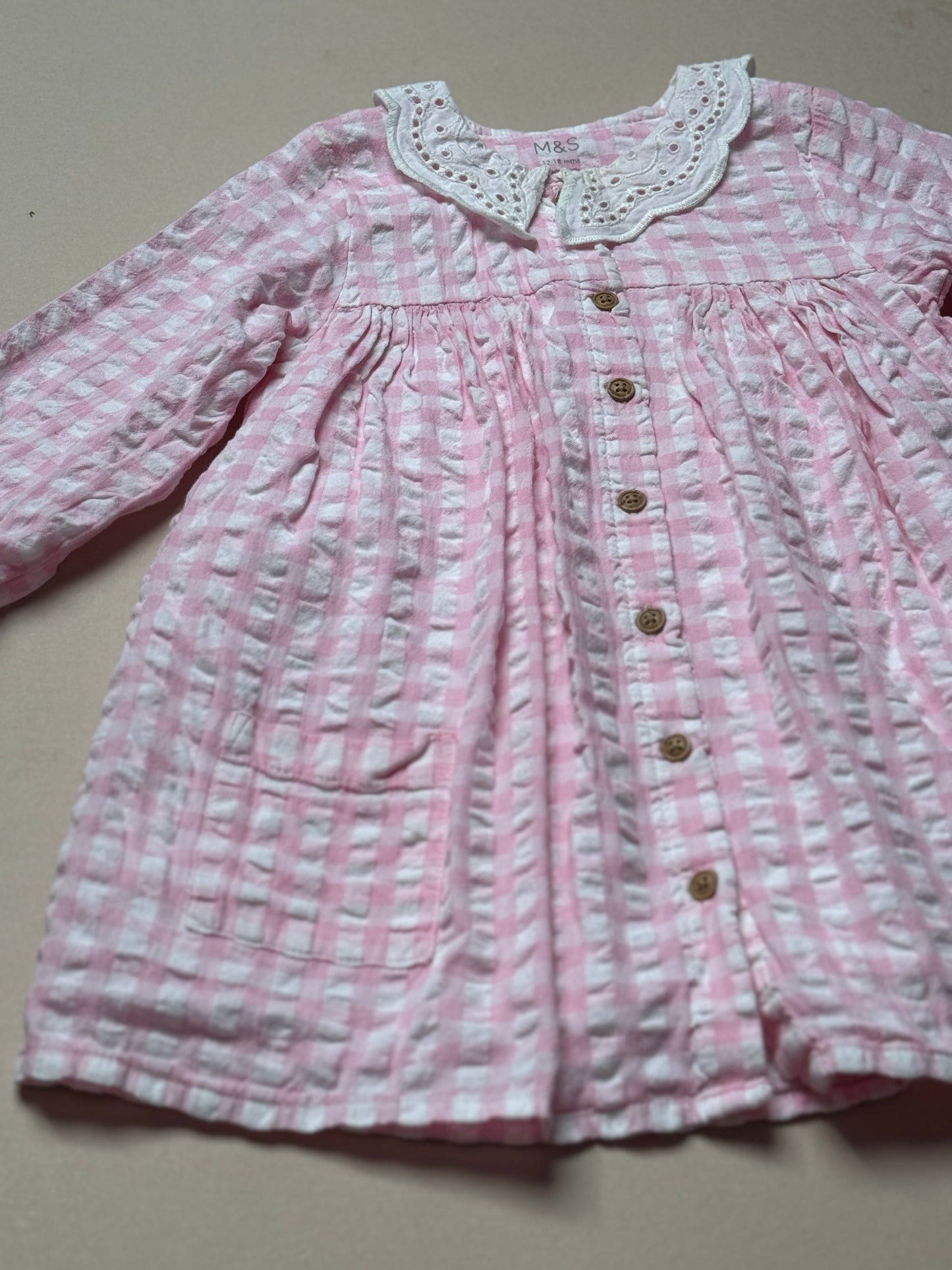 Marks & Spencer Pink & White Gingham Long Sleeved Dress in 12-18 Months