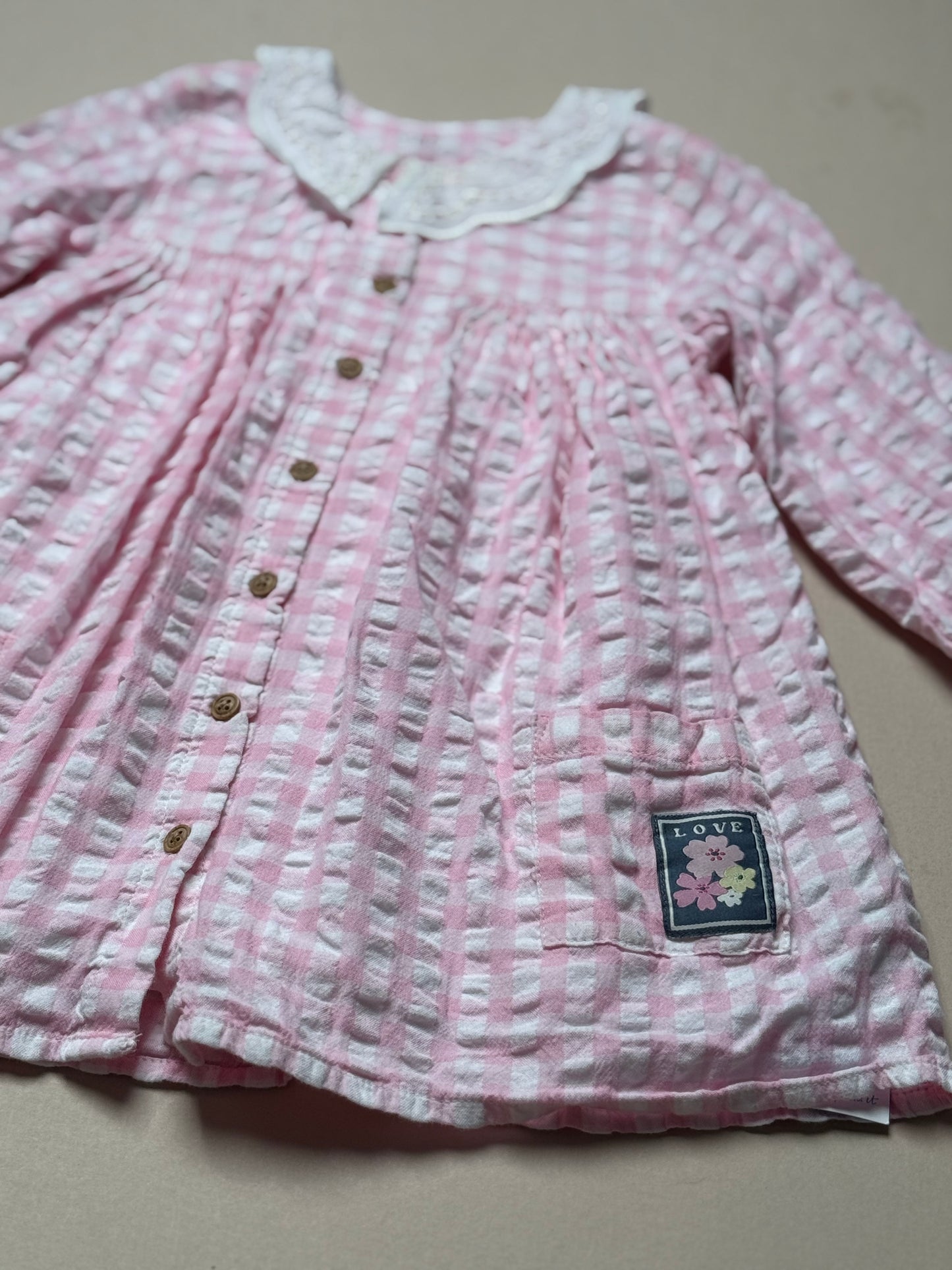 Marks & Spencer Pink & White Gingham Long Sleeved Dress in 12-18 Months