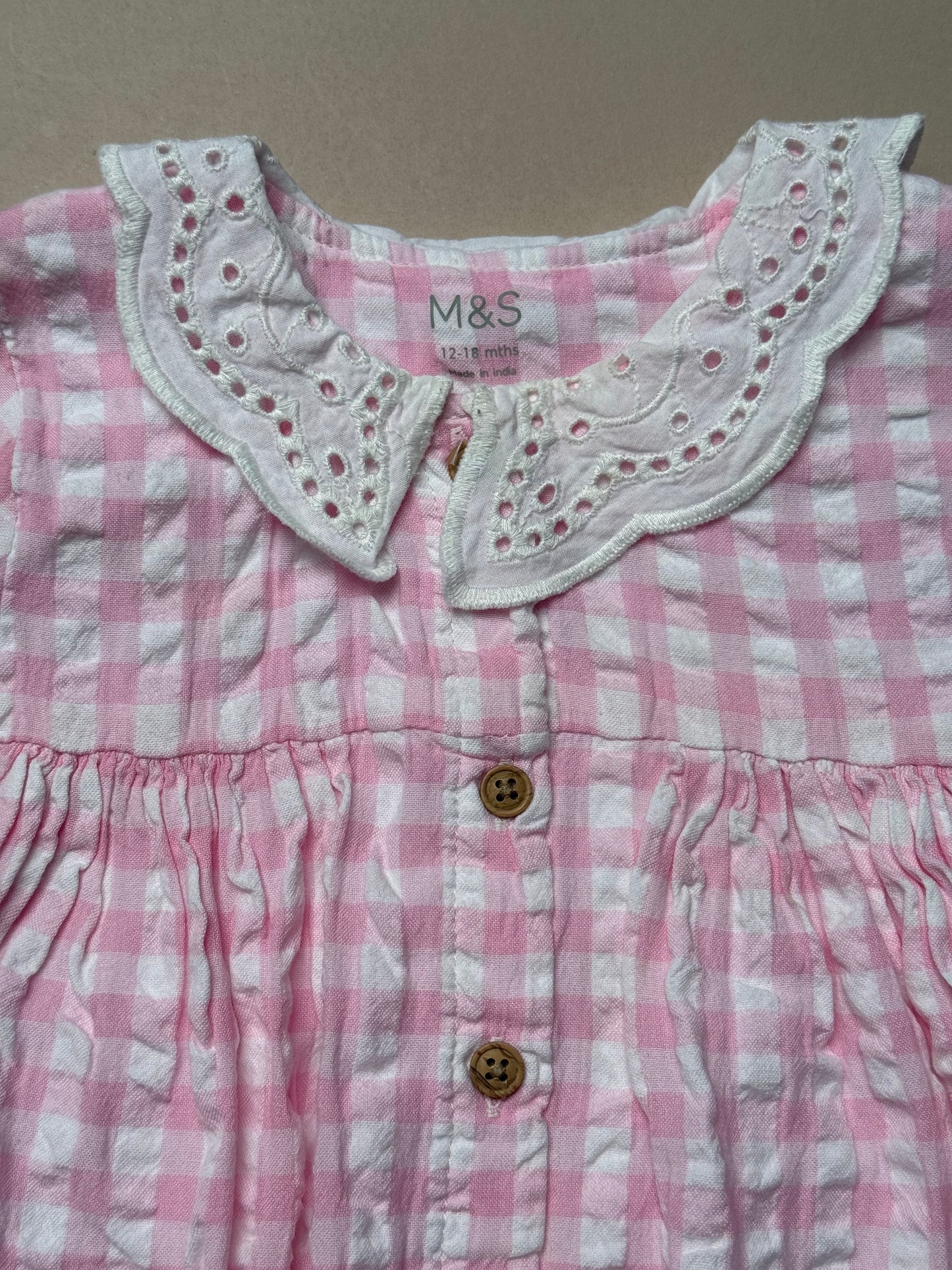 Marks & Spencer Pink & White Gingham Long Sleeved Dress in 12-18 Months