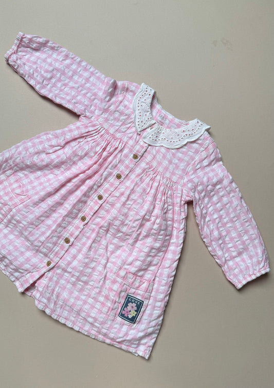 Marks & Spencer Pink & White Gingham Long Sleeved Dress in 12-18 Months